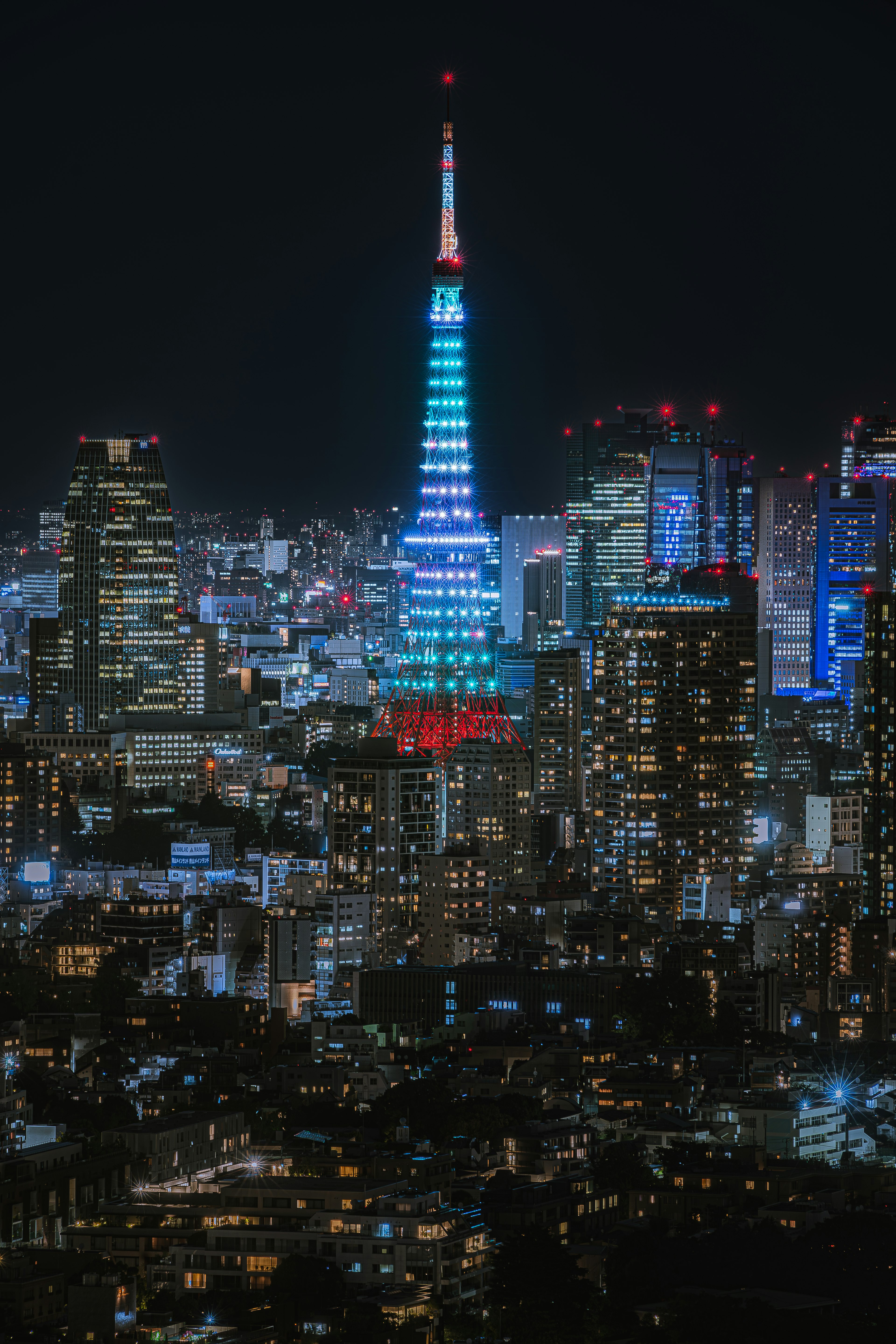 Tokyo Tower illuminated at night with blue and red lights in a vibrant cityscape