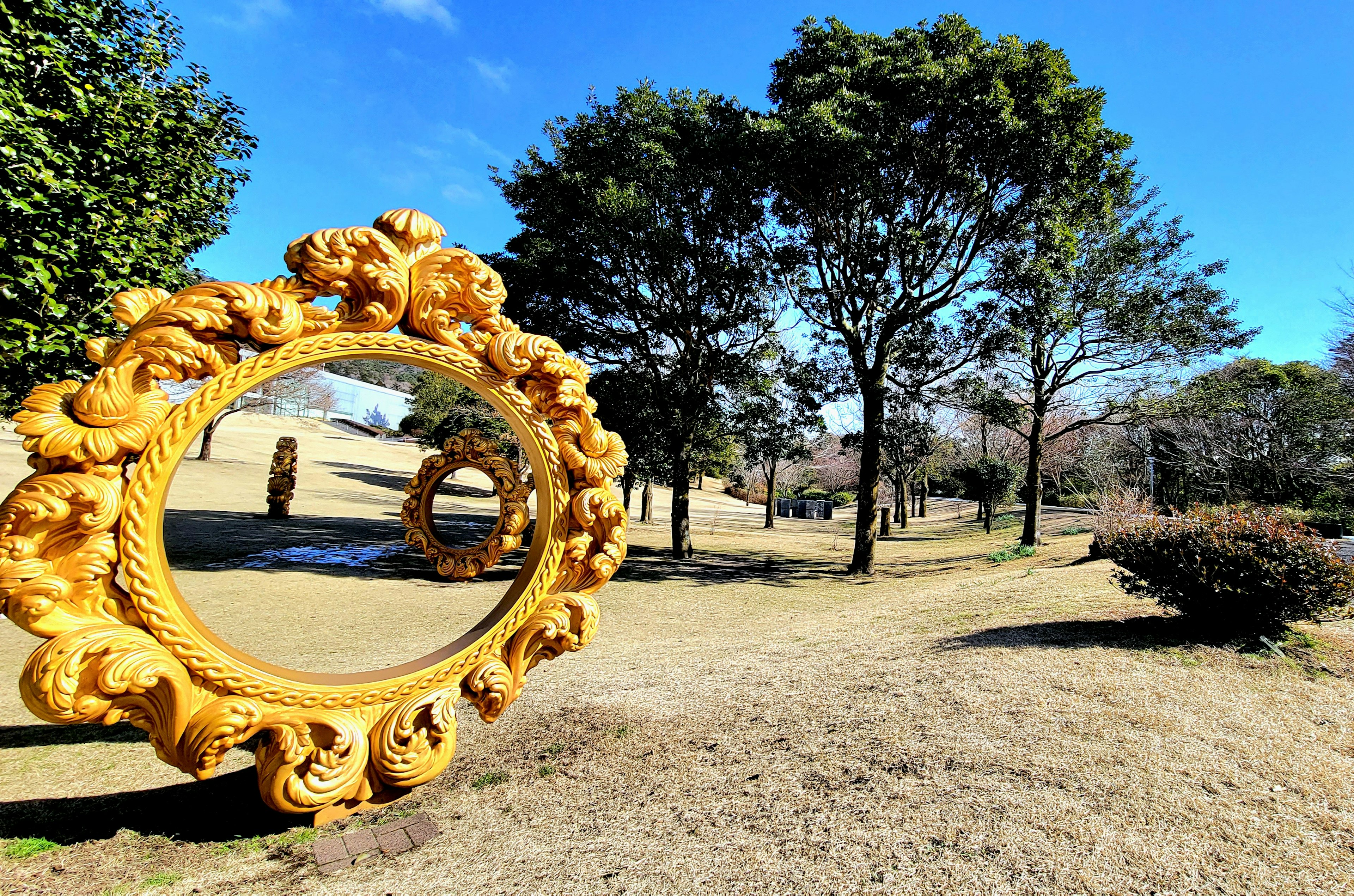 Decorative golden mirror frame in a park with trees and grassy landscape