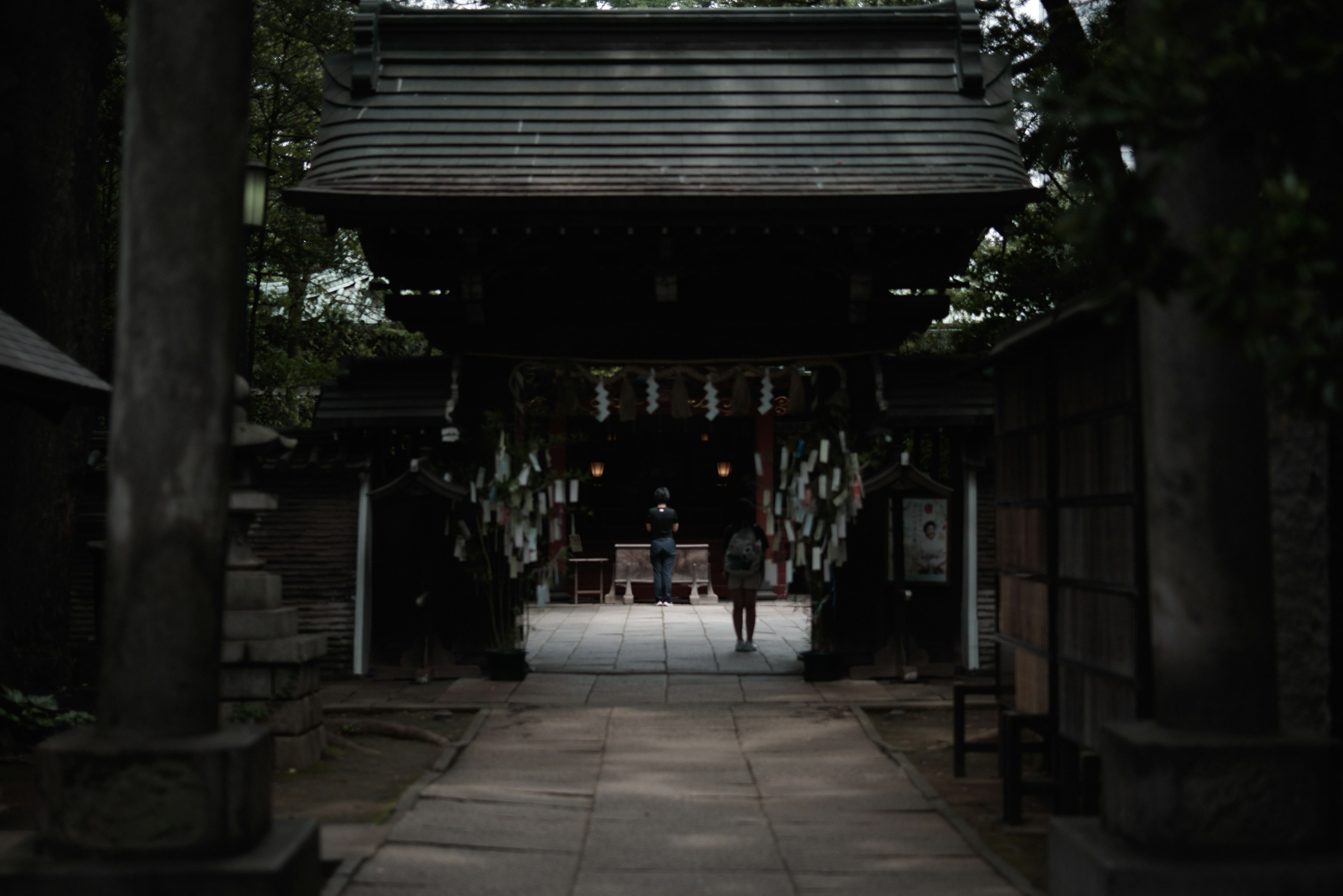 暗い雰囲気の神社の入り口に立つ人