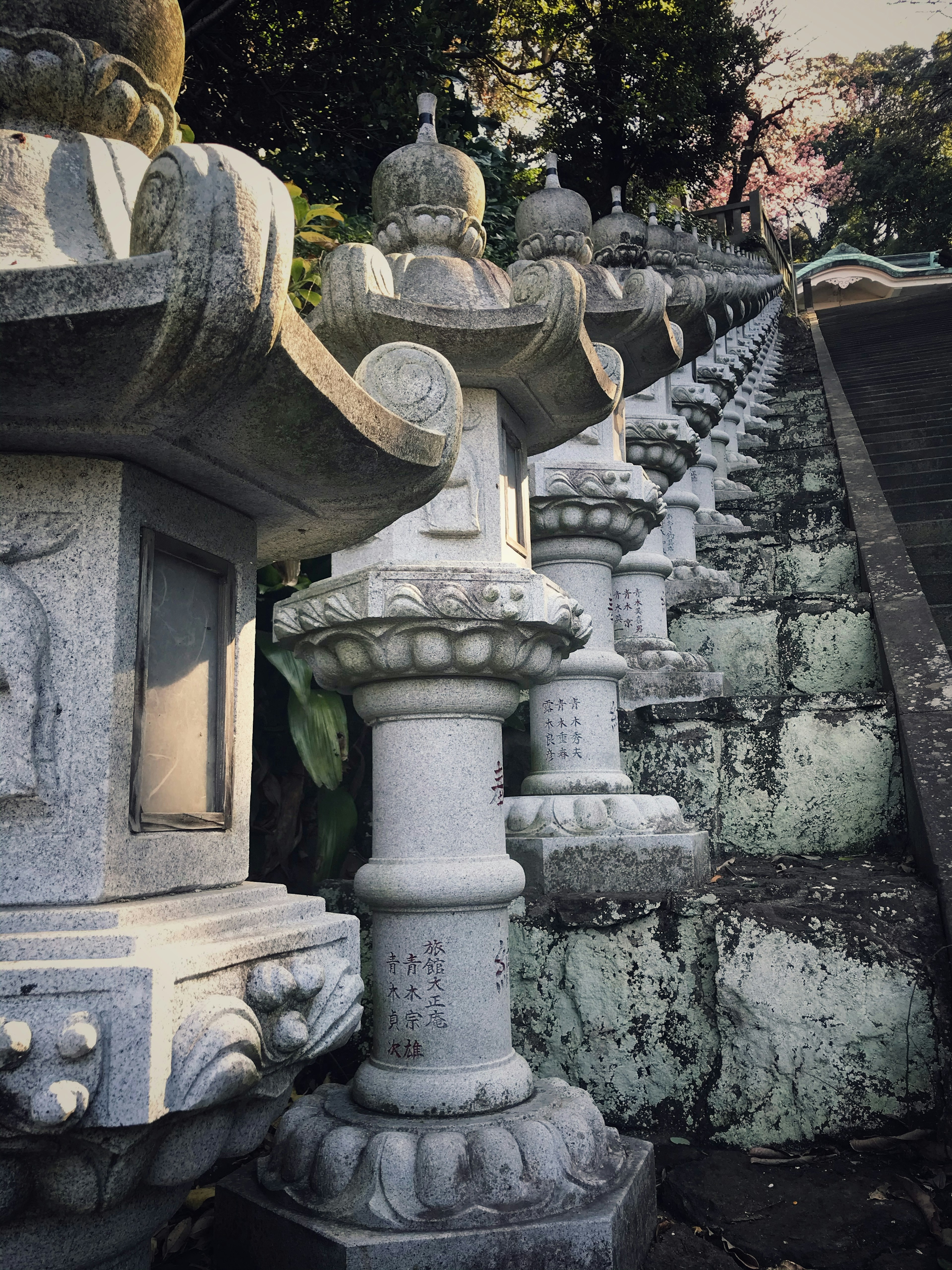 Stone lanterns lining a staircase in a serene setting