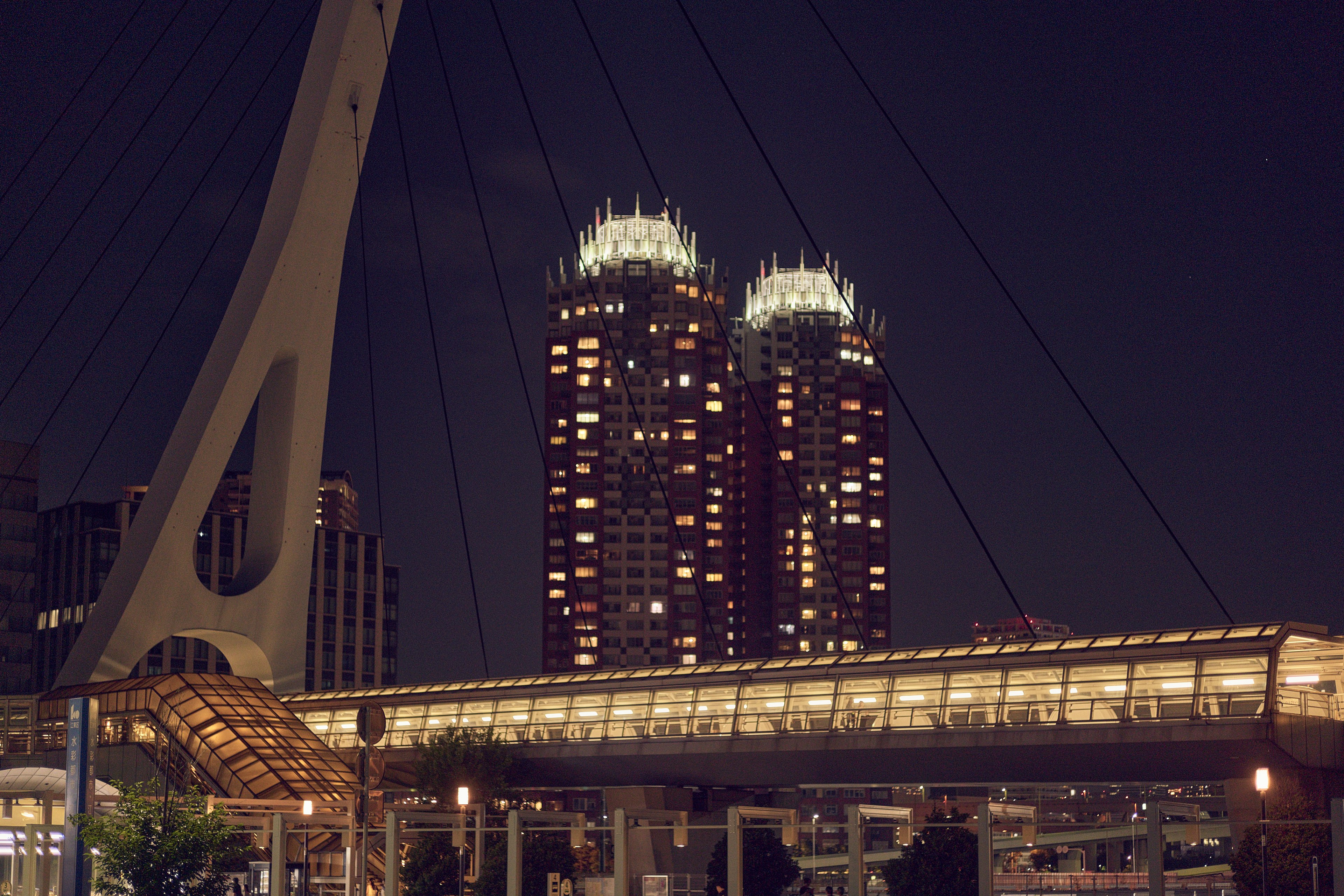 Night cityscape featuring twin skyscrapers and a cable-stayed bridge