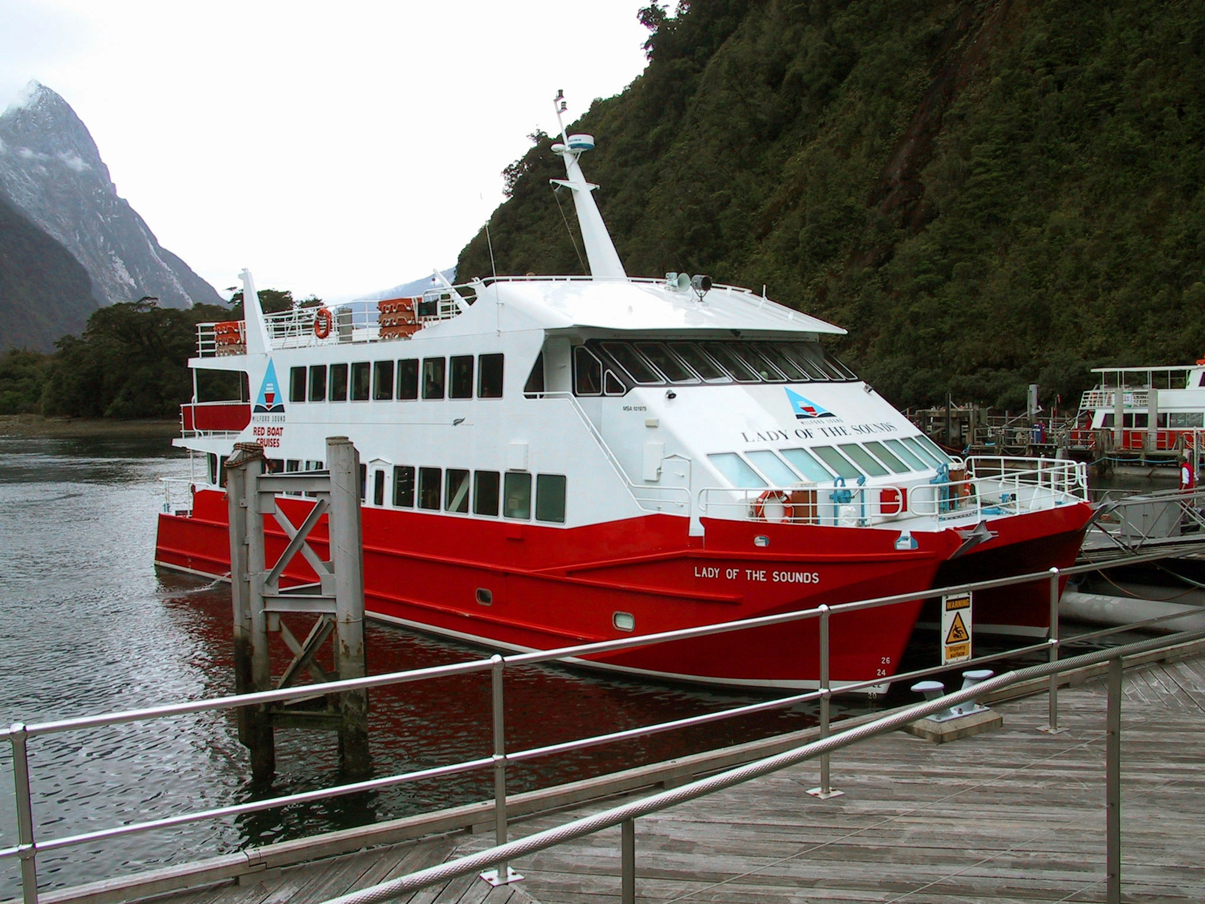 Un ferry rouge amarré au port entouré de montagnes verdoyantes