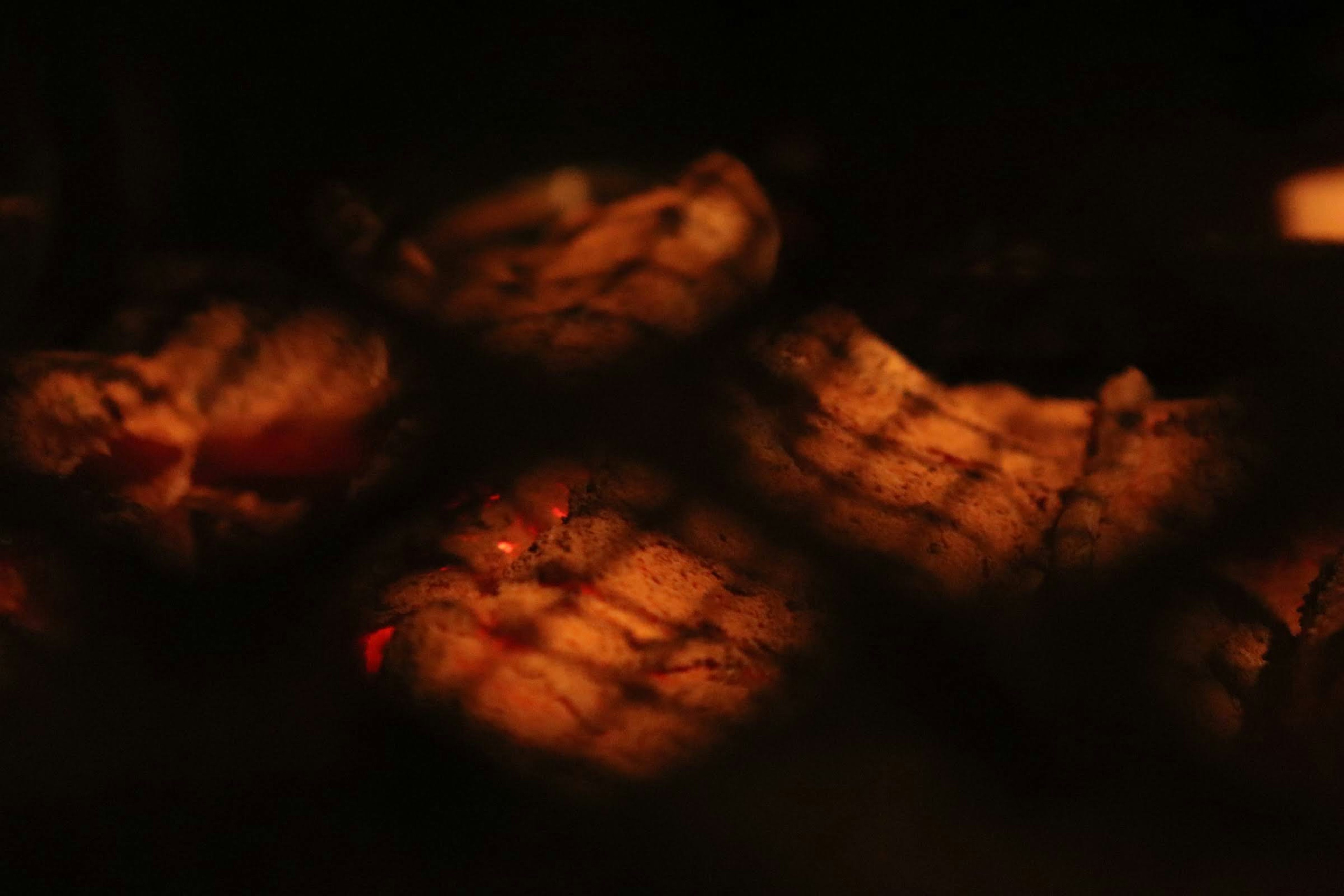 Close-up of grilled meat pieces with a warm glow