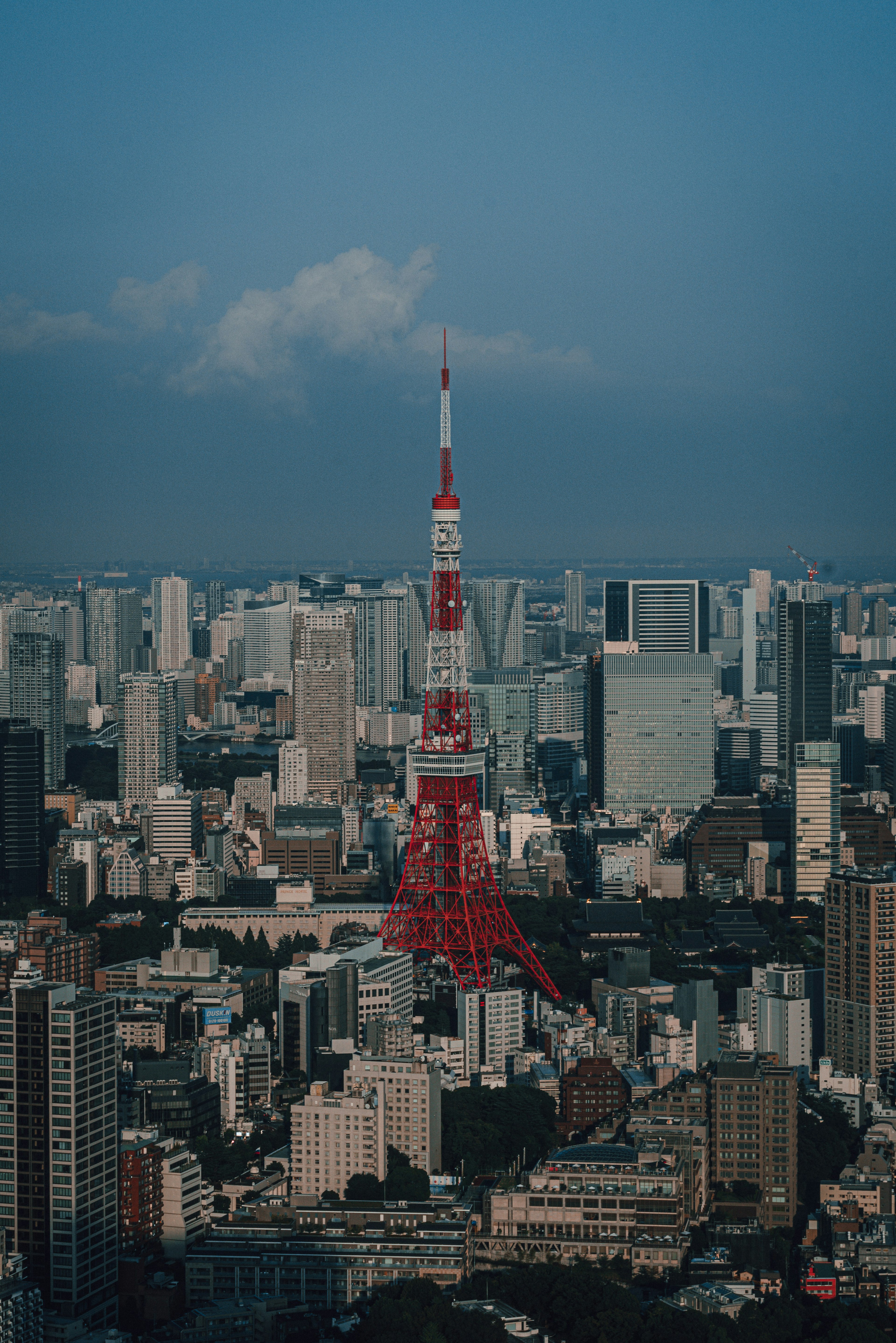 Tokyo Tower rising among skyscrapers under a clear blue sky