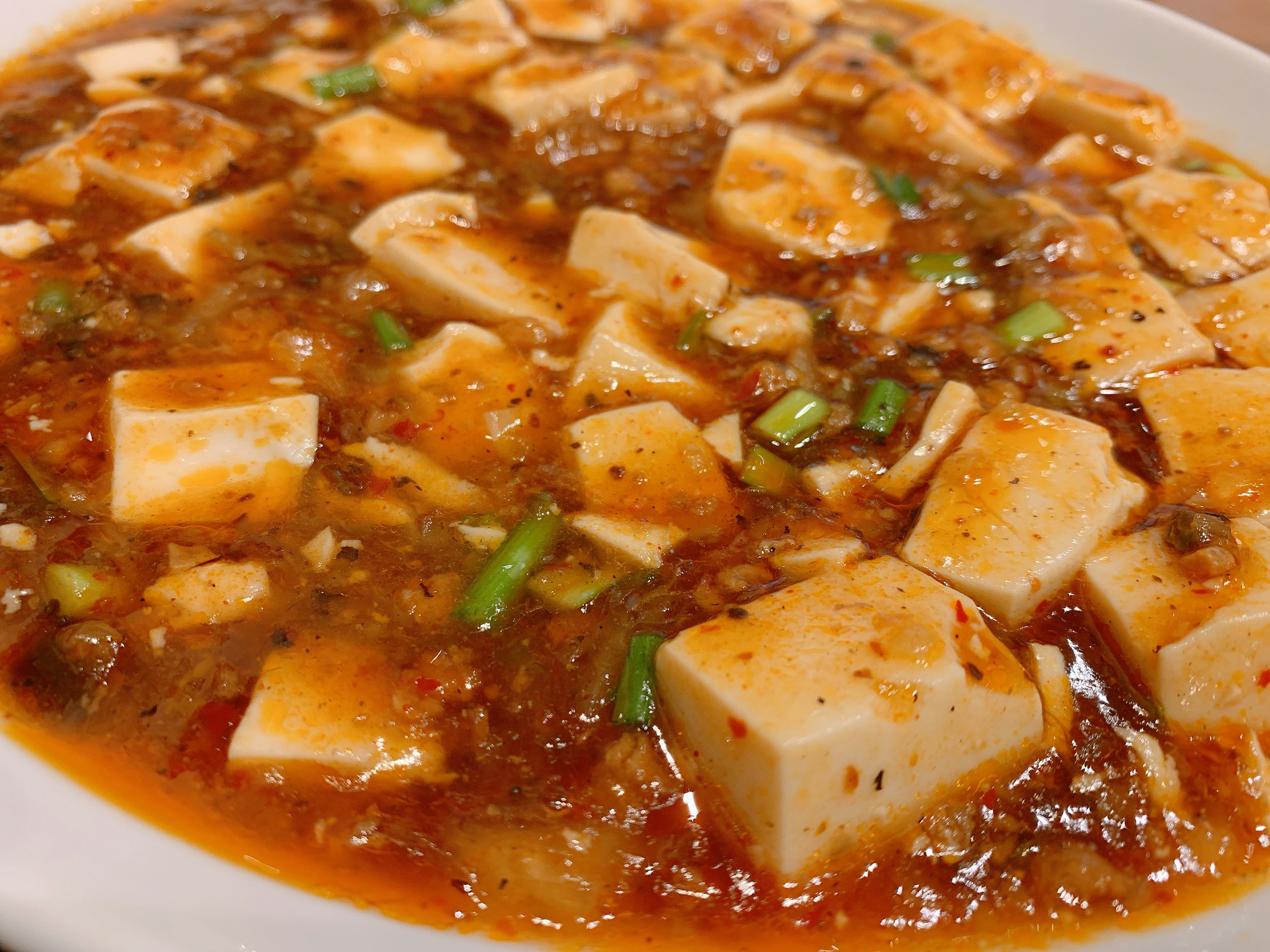 Un piatto di tofu in una salsa piccante con cipolle verdi