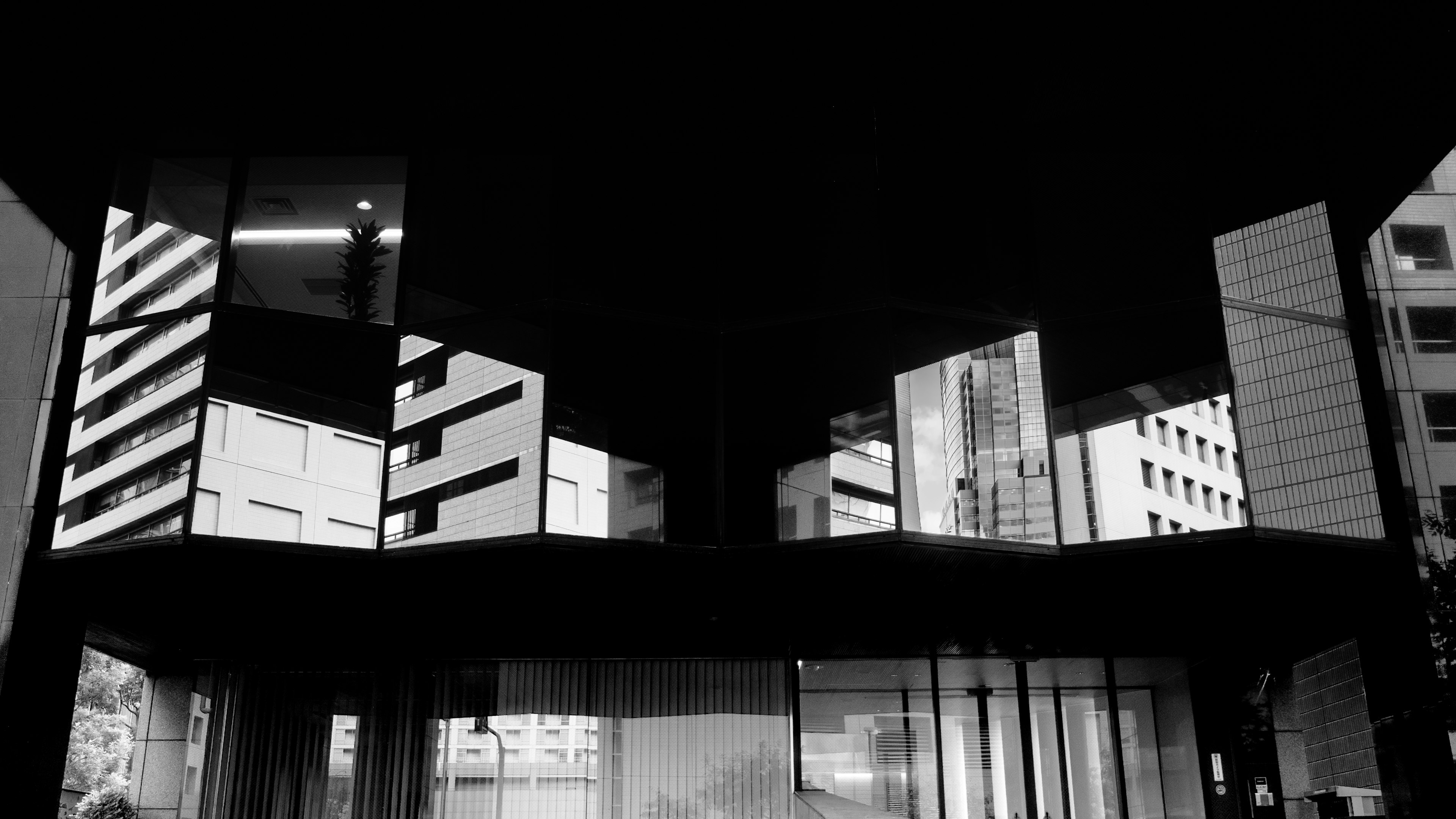 Modern building facade with striking black and white contrast featuring reflective surfaces