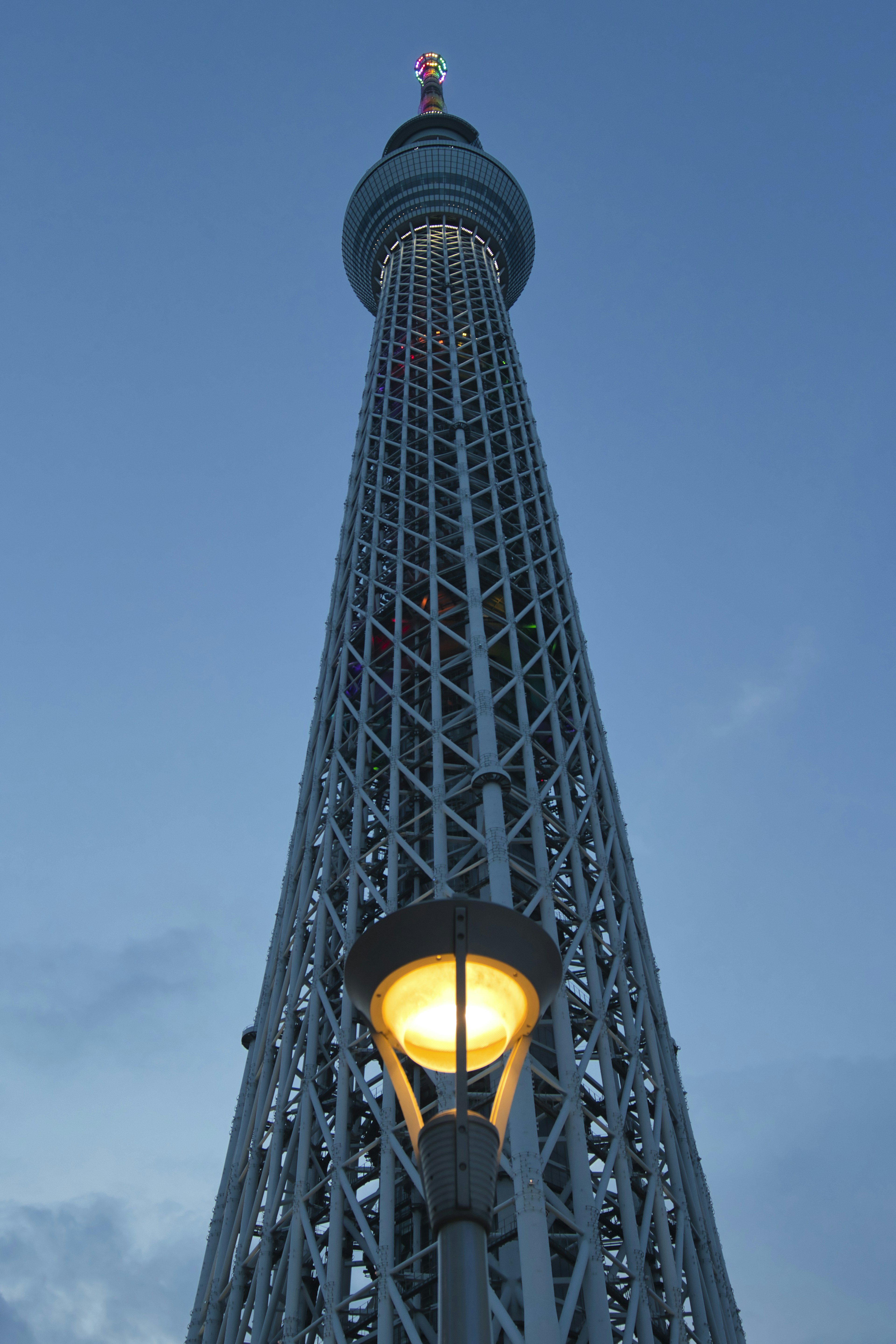 Foto Tokyo Skytree dilihat dari bawah di malam hari