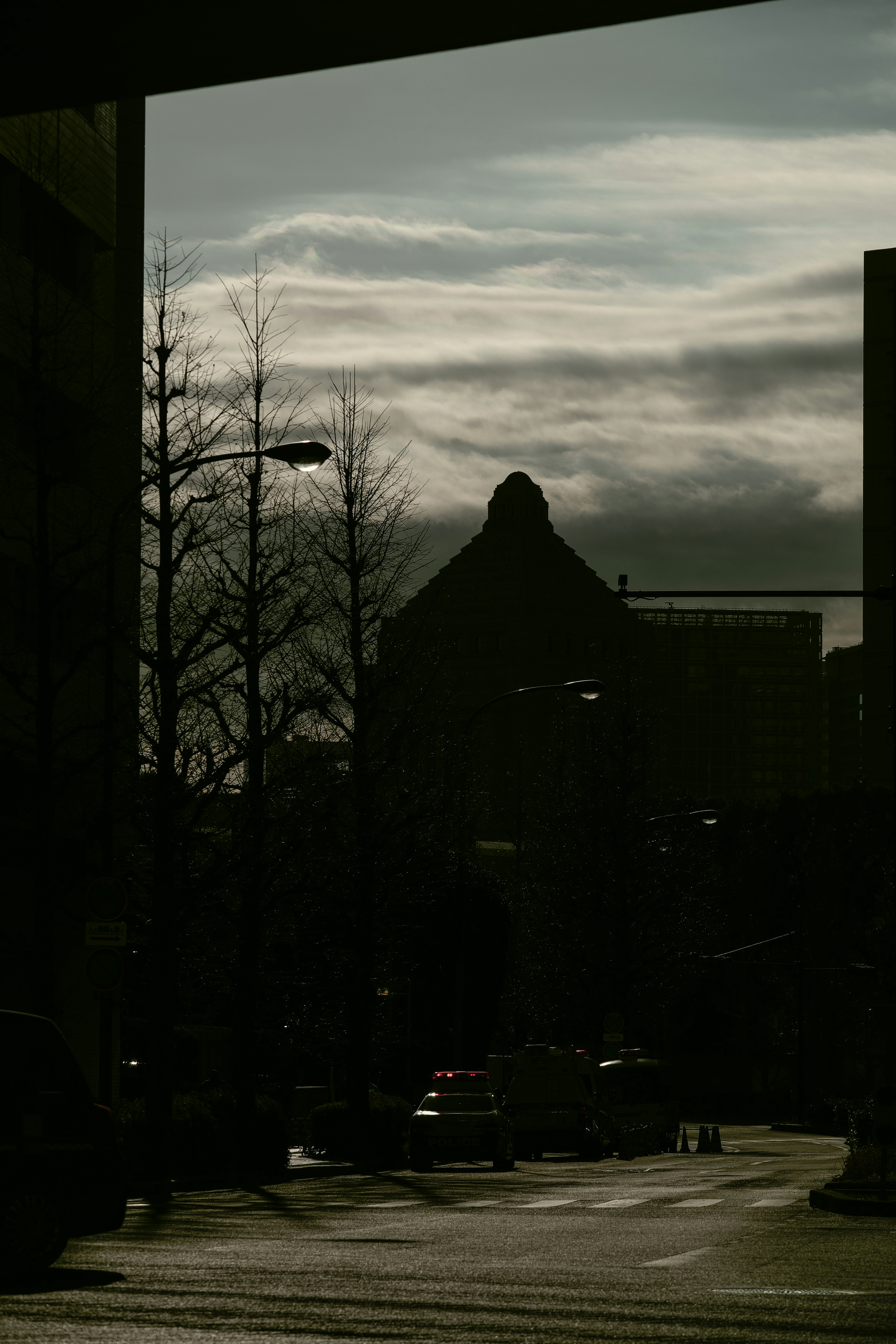 Silhouette of a distinctive building against a dark street