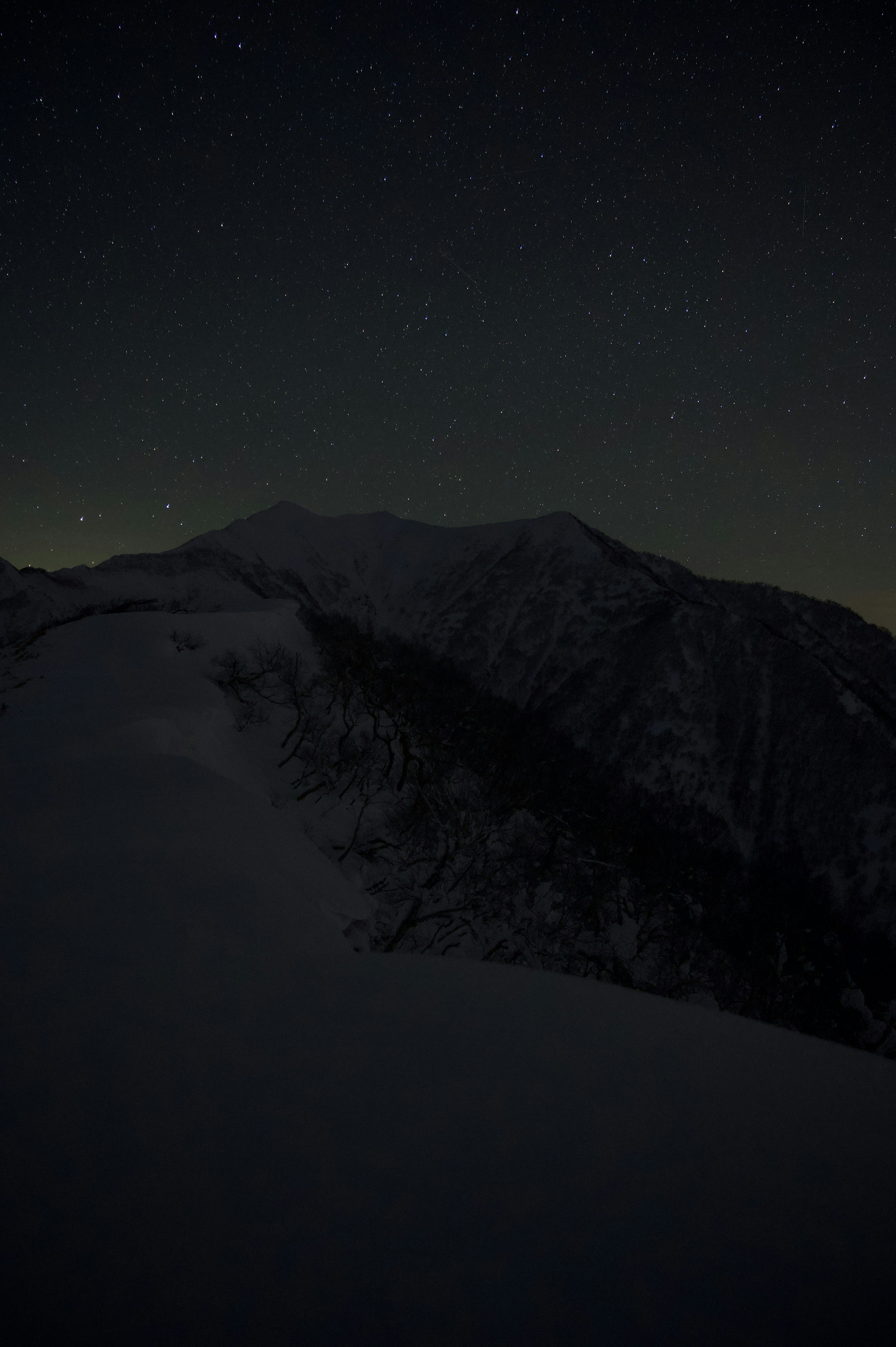 夜空に輝く星々と雪に覆われた山のシルエット