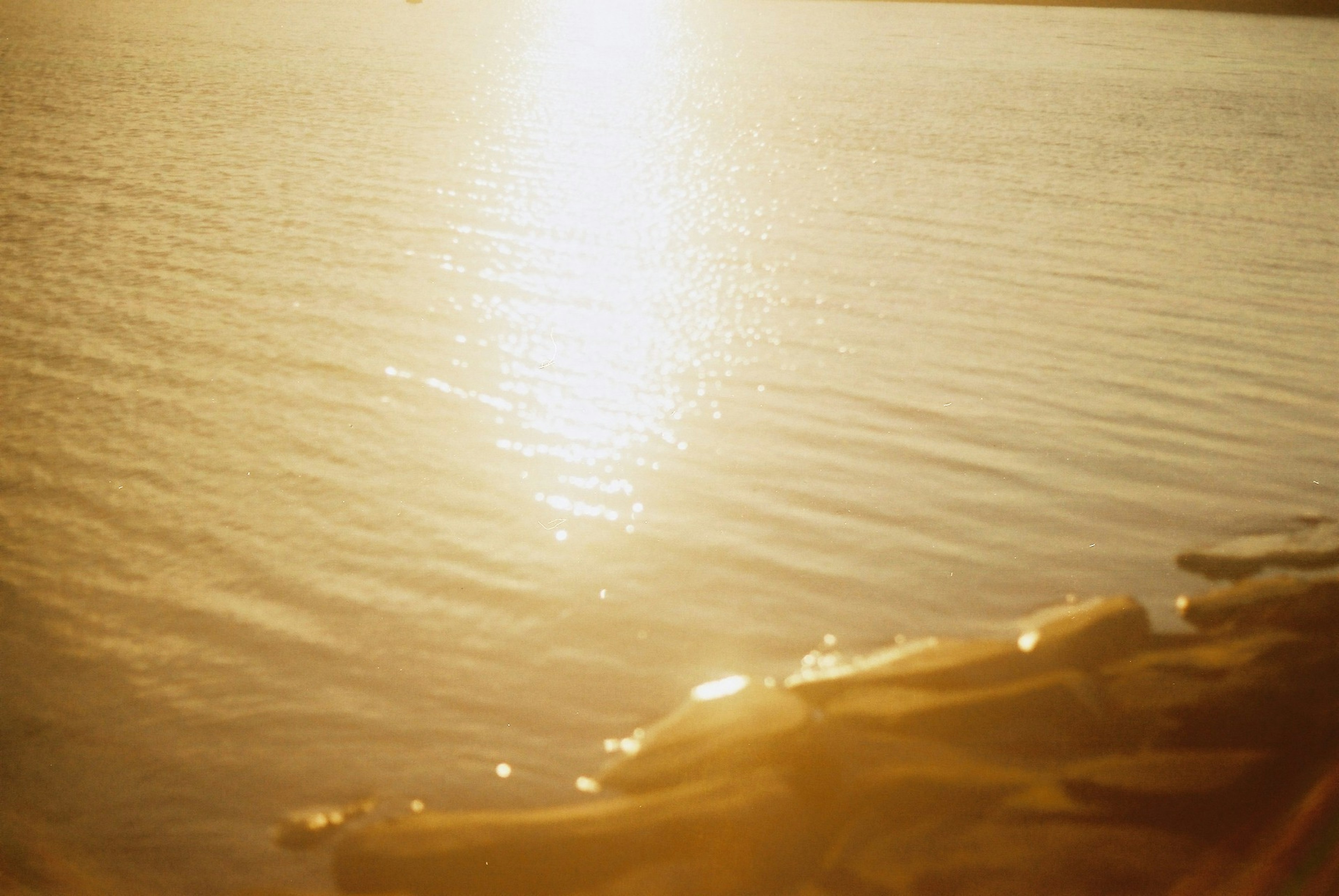 Schöne Seeszene mit Sonnenuntergang, der sich auf dem Wasser spiegelt