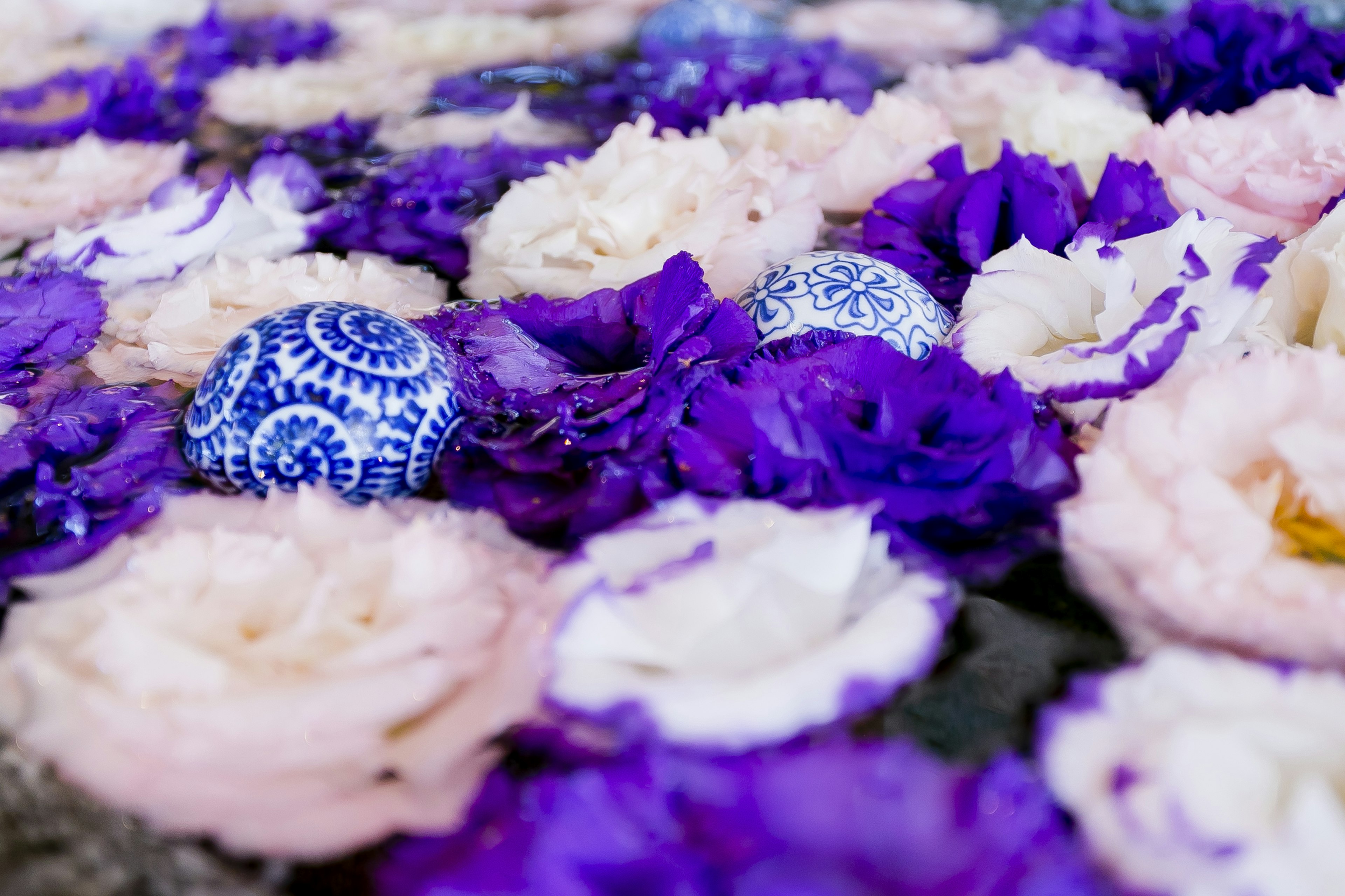 A surface of purple and white flower petals with blue decorative spheres floating