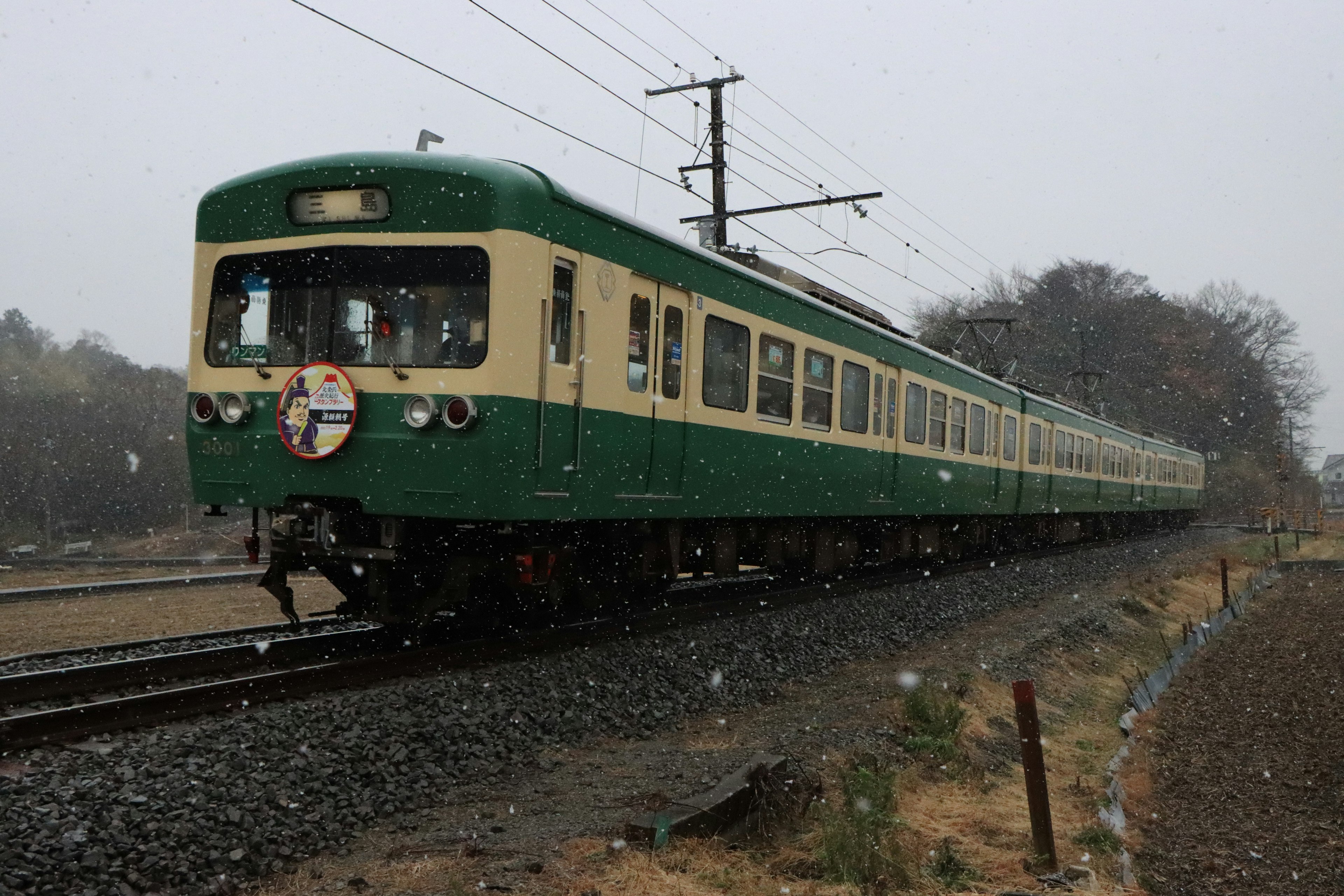 Un tren verde moviéndose por las vías en la nieve