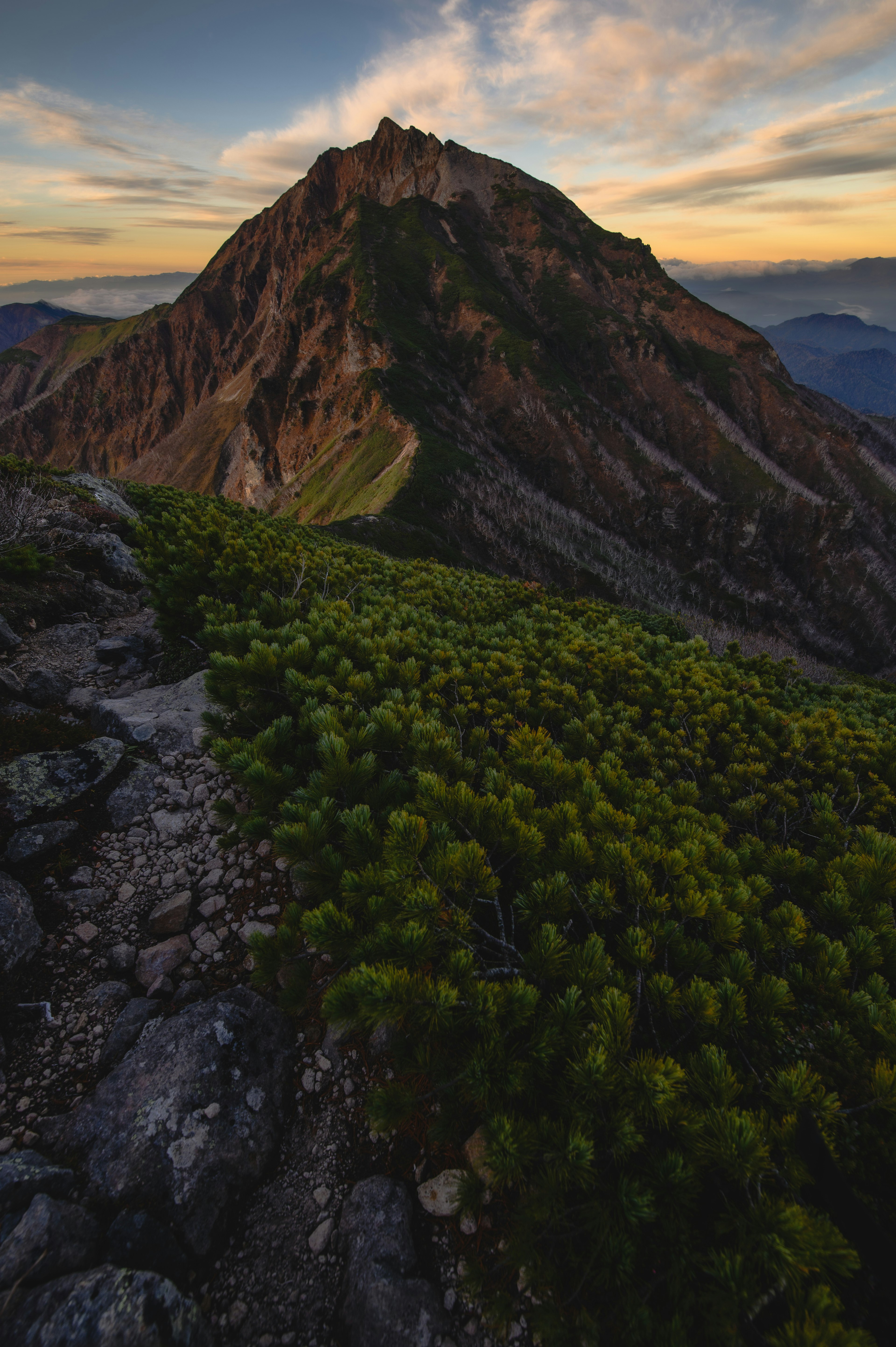 山々と緑の森を背景にした美しい夕焼けの風景