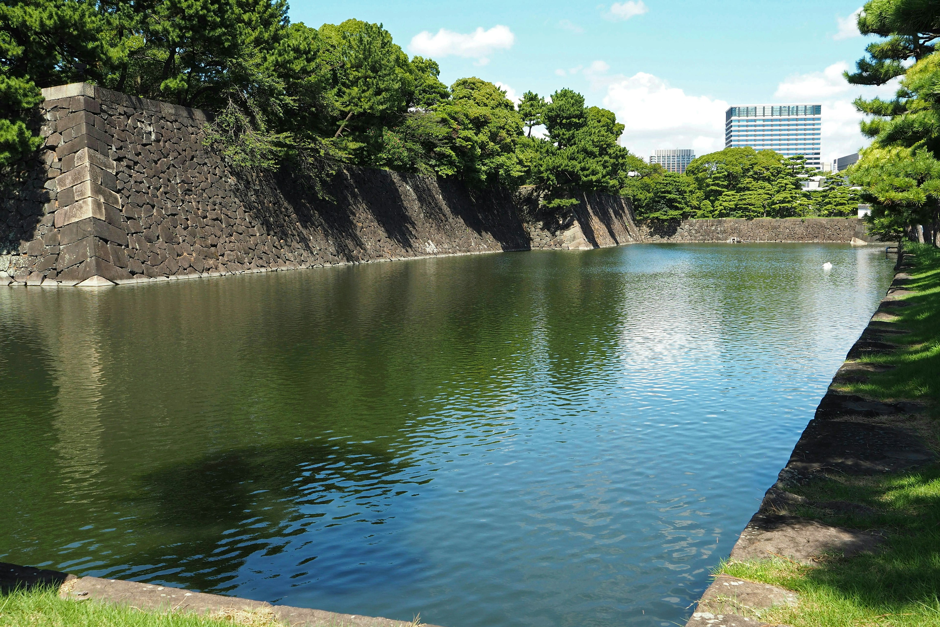 ทิวทัศน์ที่สวยงามของคูน้ำหินที่มีต้นไม้ล้อมรอบ