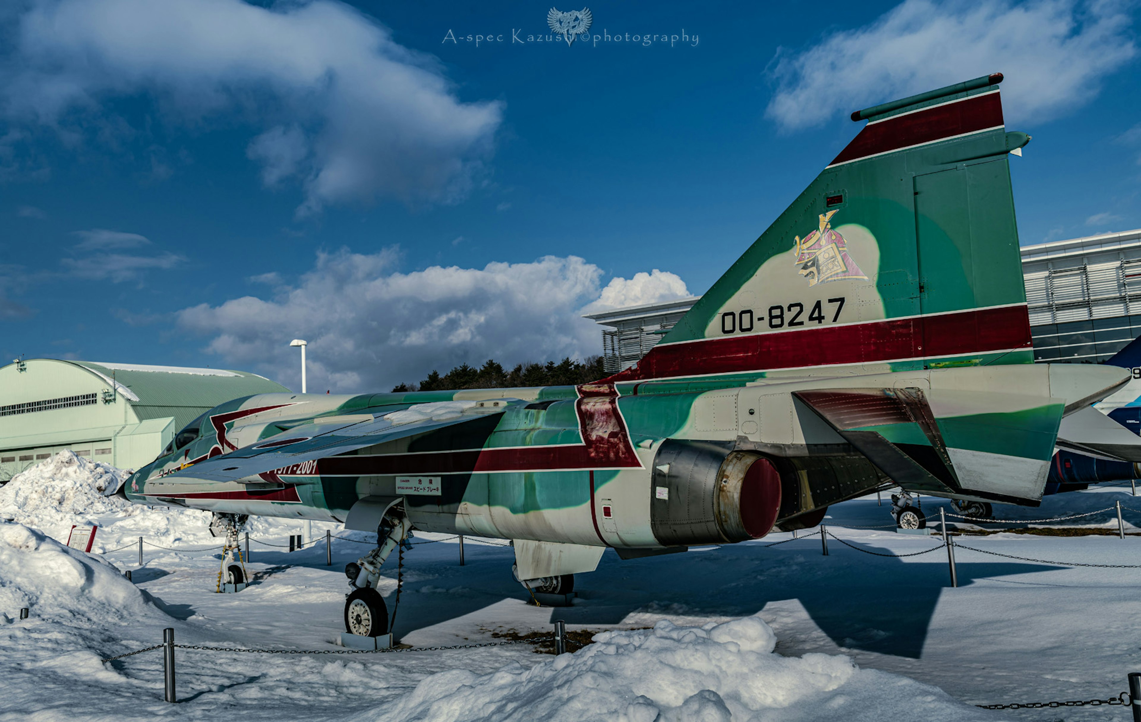 Side view of a fighter jet on snow featuring green camouflage and red stripes