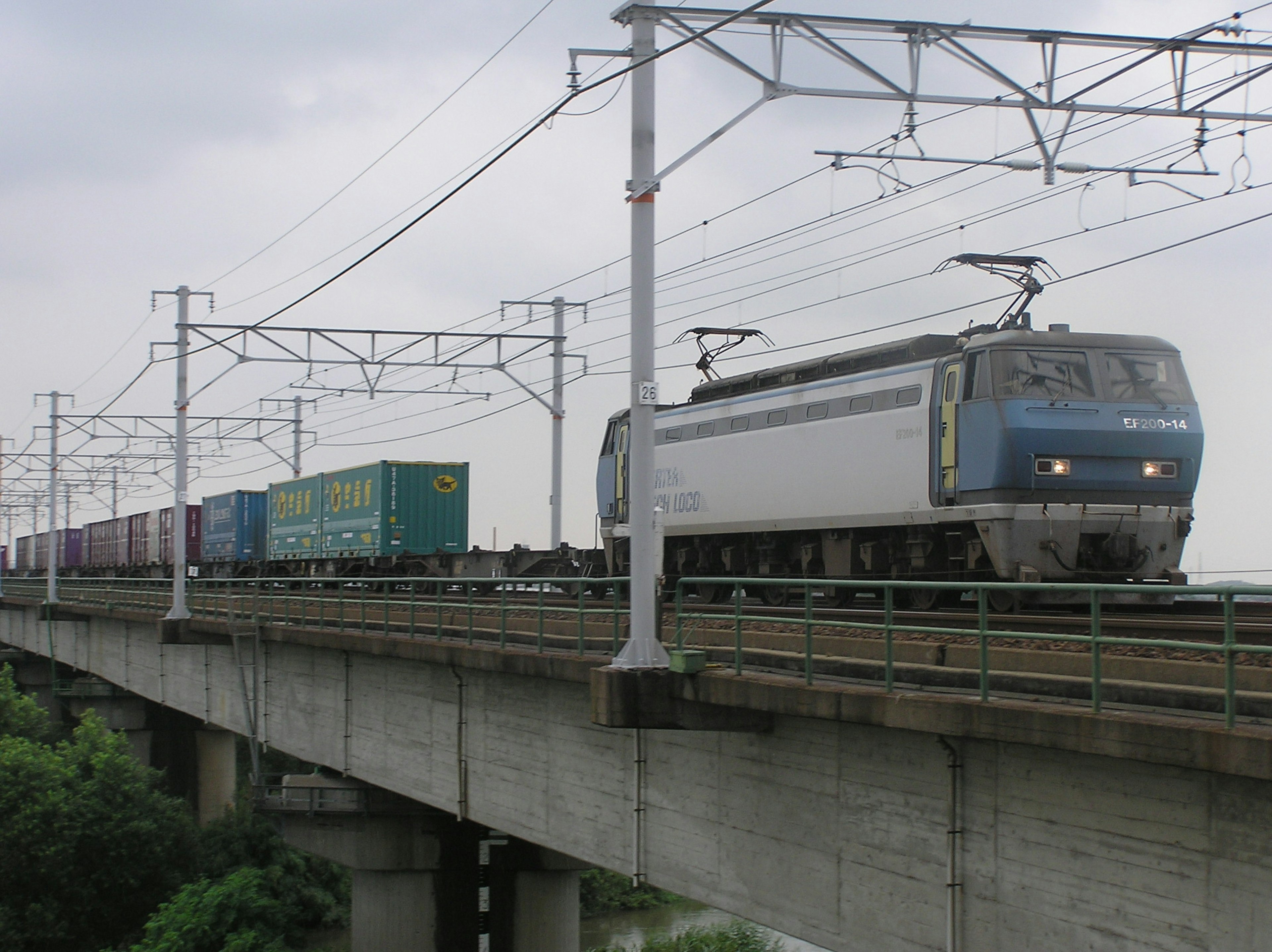 Image of a freight train and electric train on an elevated track