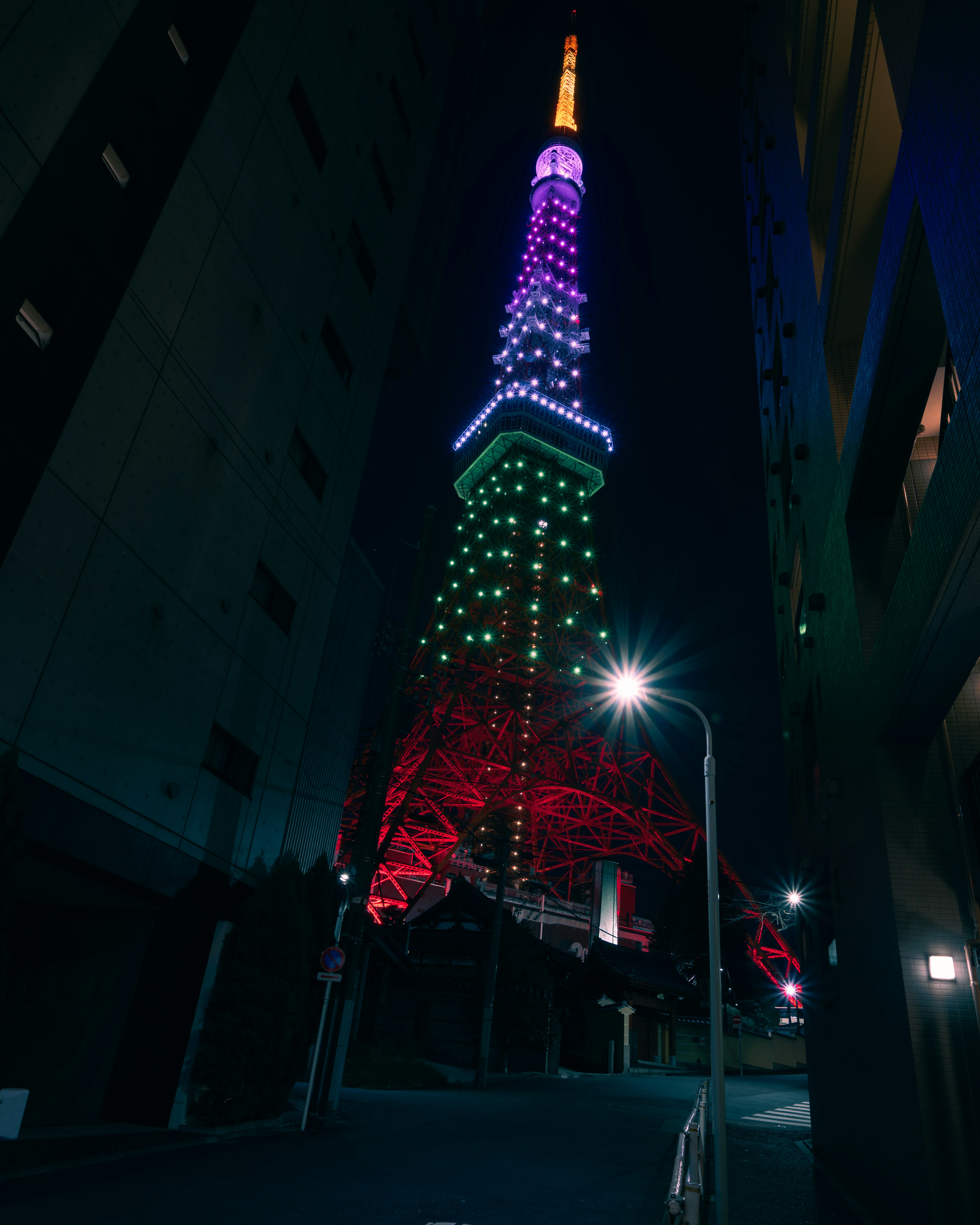 夜景の東京タワーが色とりどりのライトで照らされている