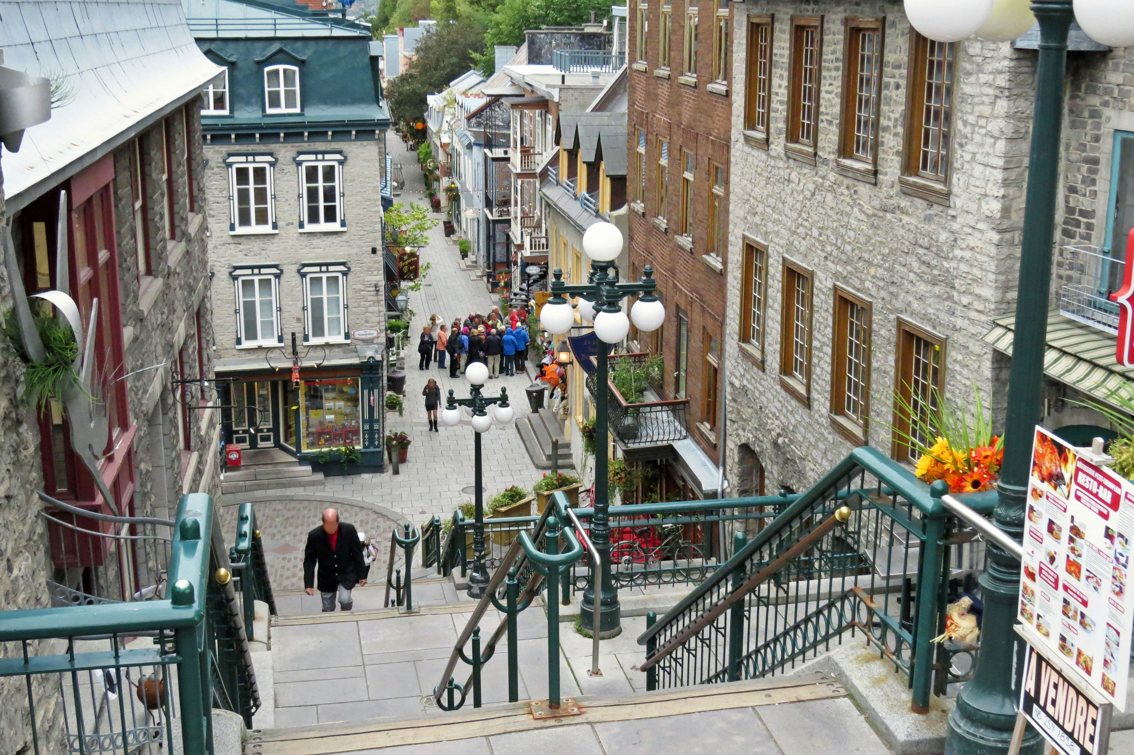 Stairs and historic stone buildings in Montreal