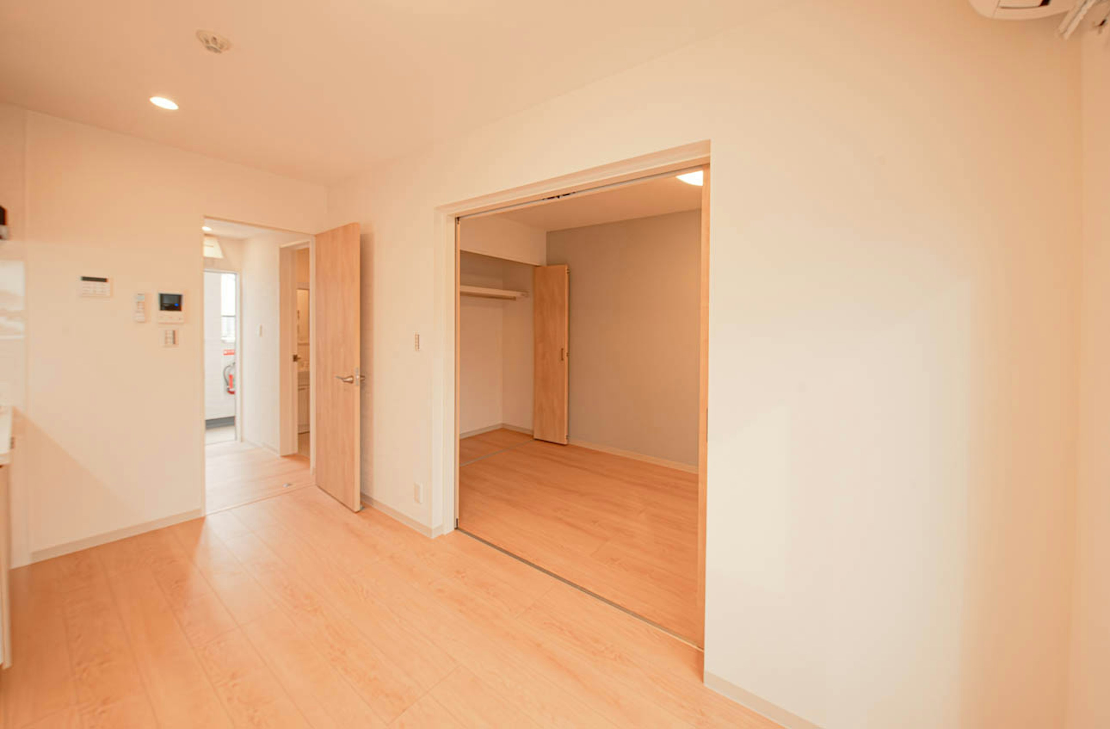 Bright interior space featuring wooden flooring and a closet