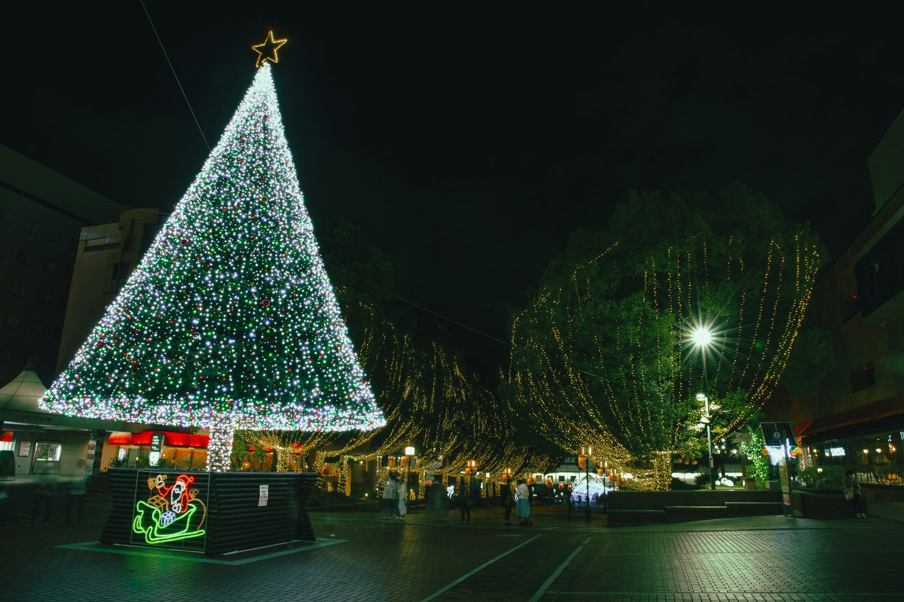 Nächtlicher Blick auf einen Weihnachtsbaum und beleuchtete Dekorationen auf einem Platz