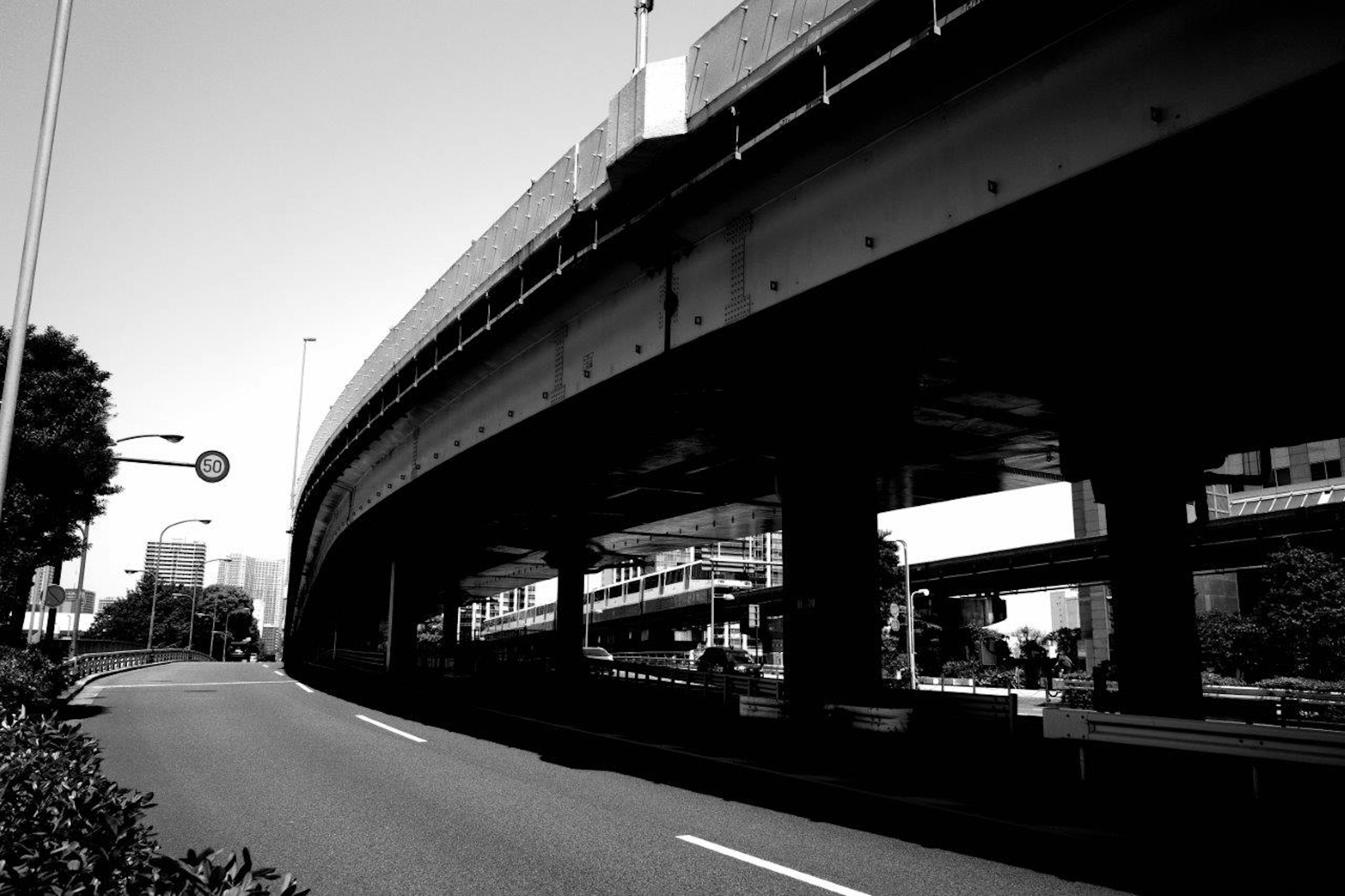 白黒の高架道路が映る都市の風景