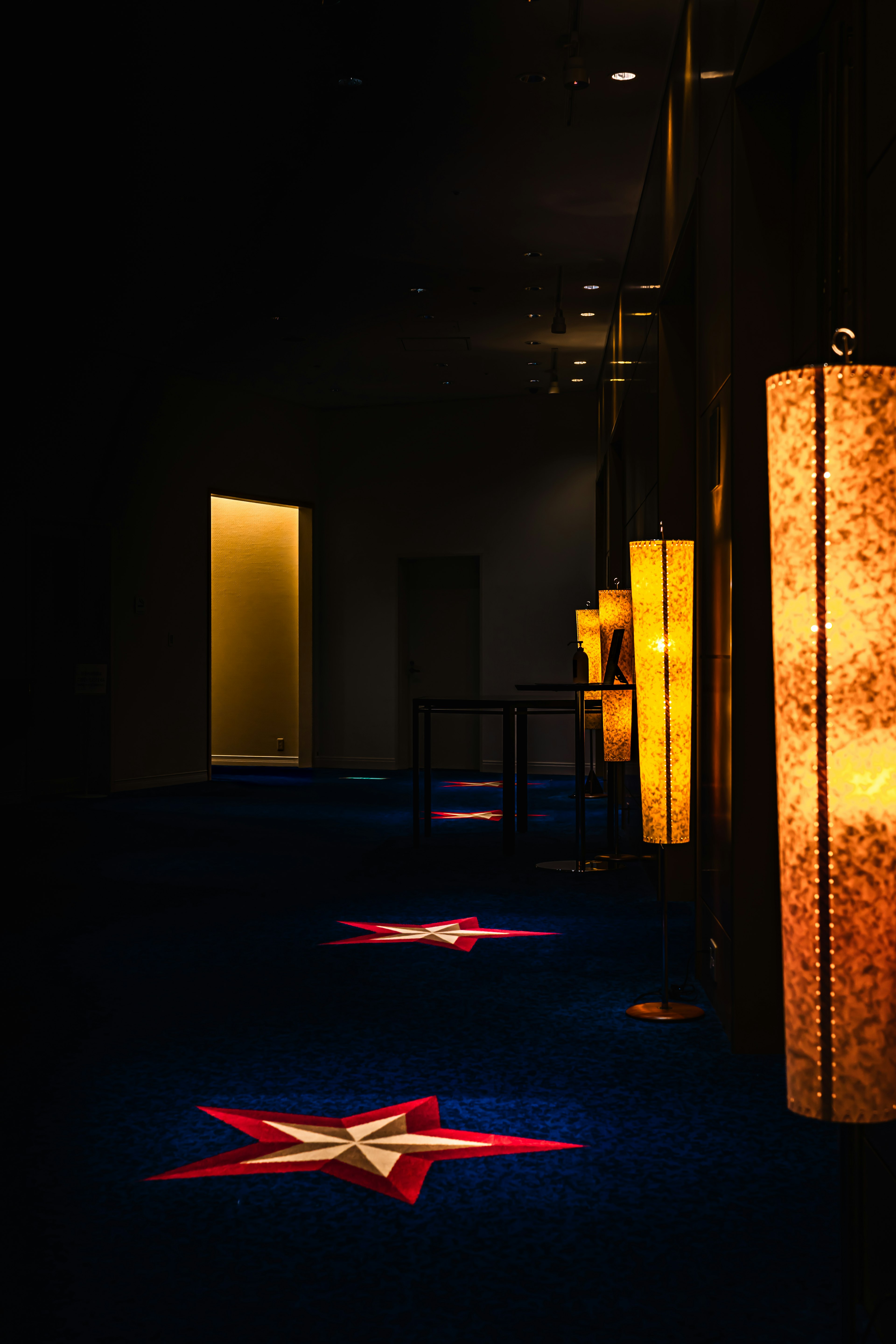 Dark hallway with star-patterned carpet and illuminated lamps