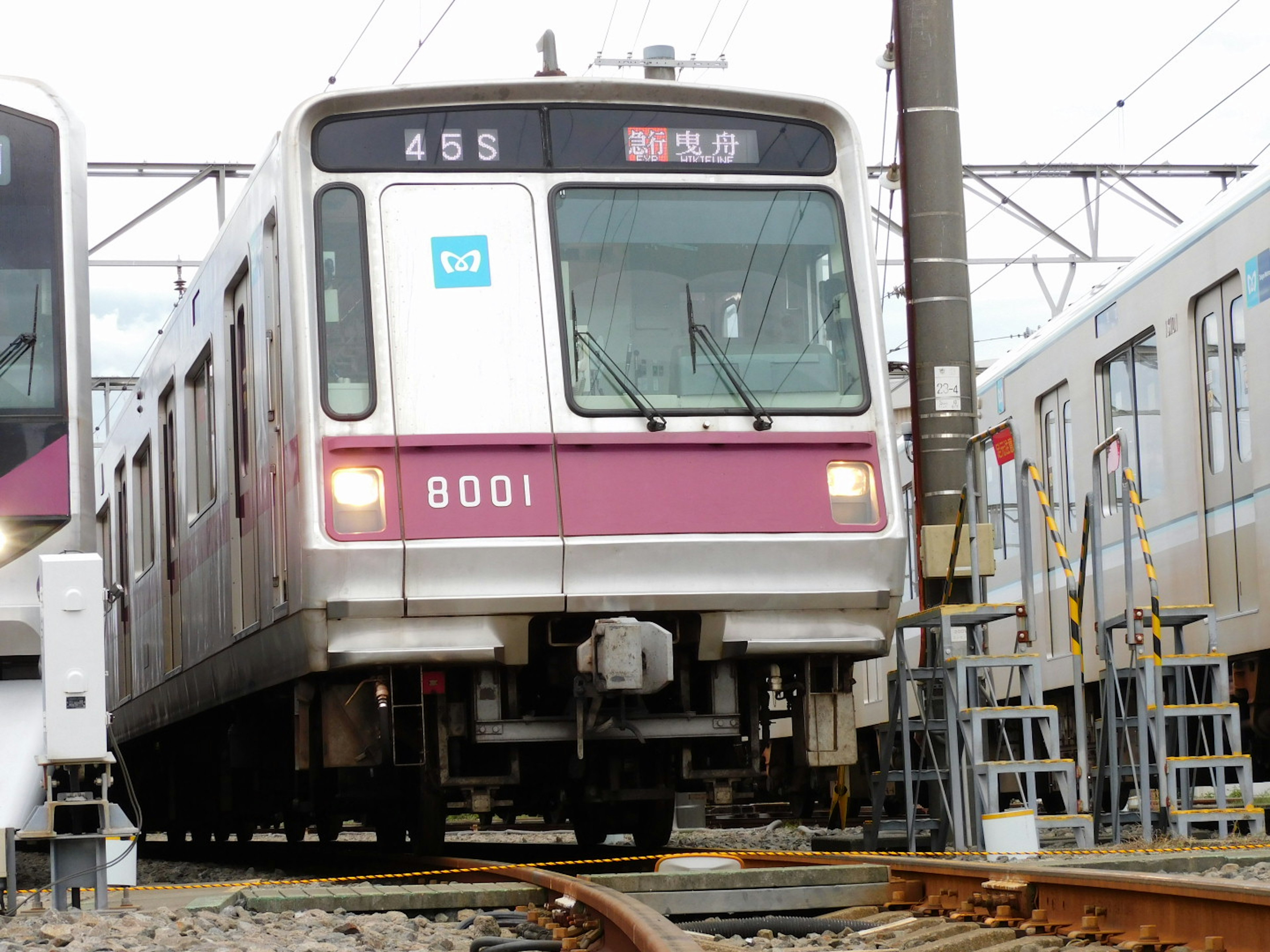 Train numéro 8001 sur les rails avec un design rose et blanc