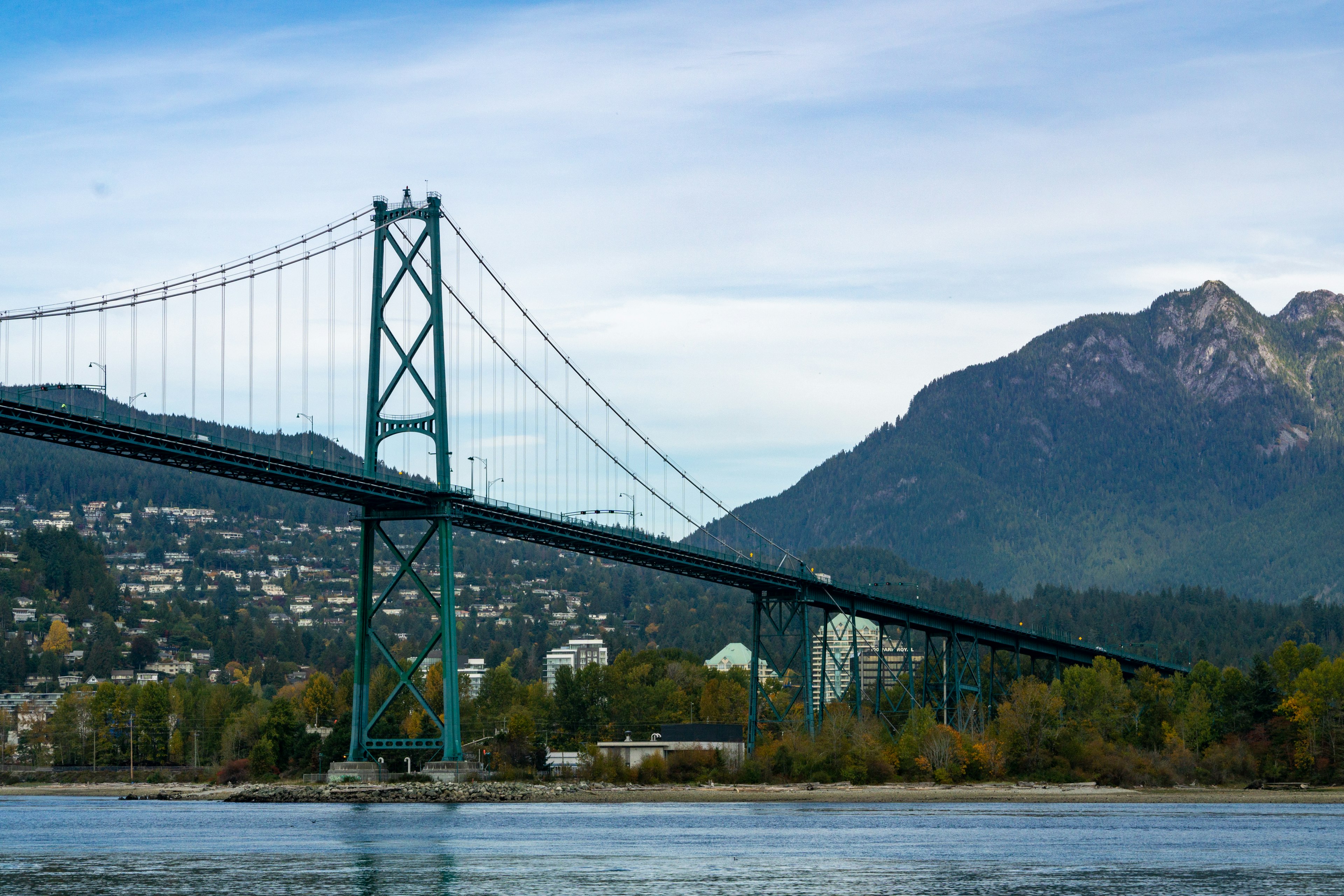 Puente colgante con montañas al fondo