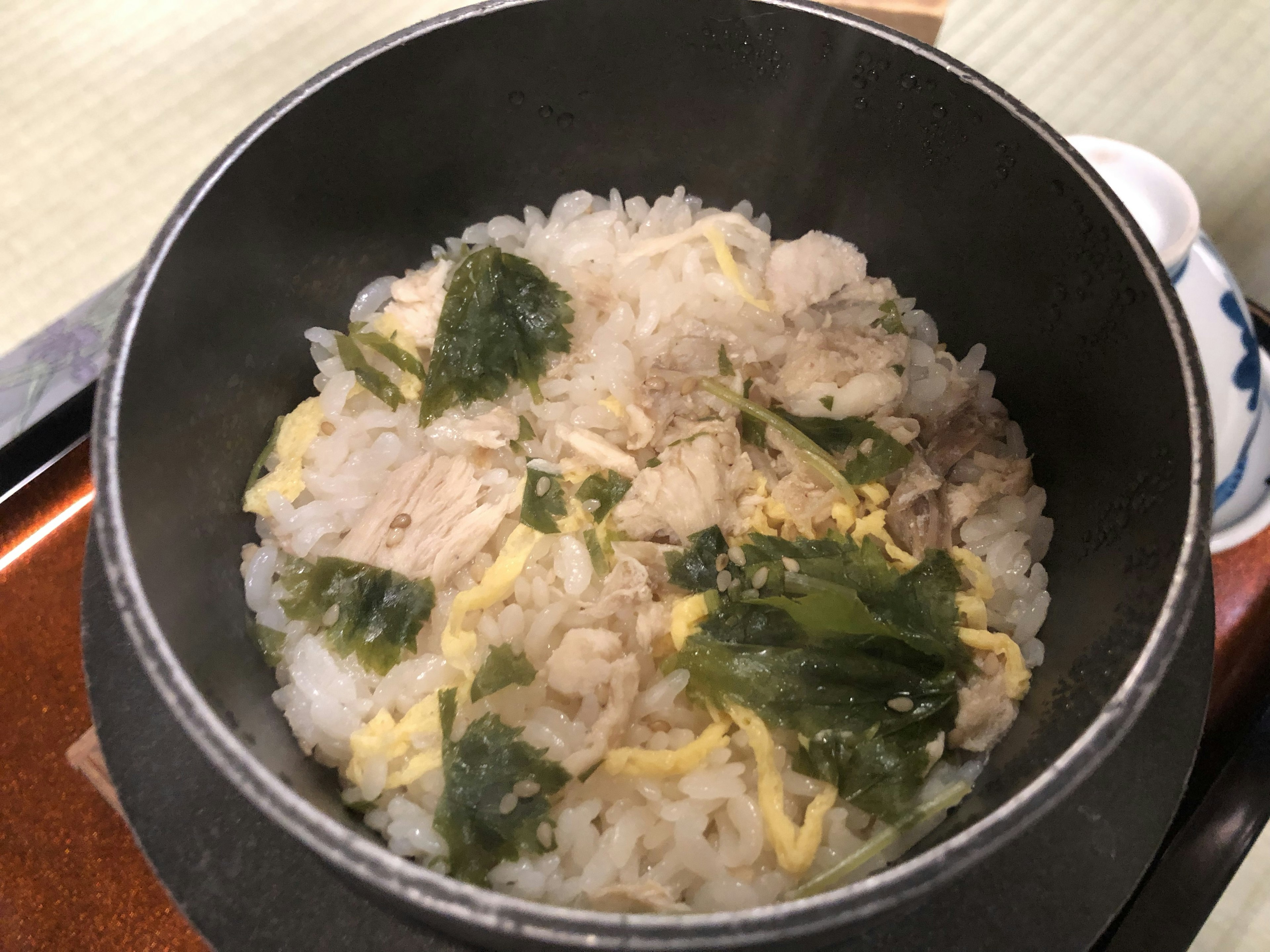 Rice dish with chicken and egg topped with leafy greens in a pot