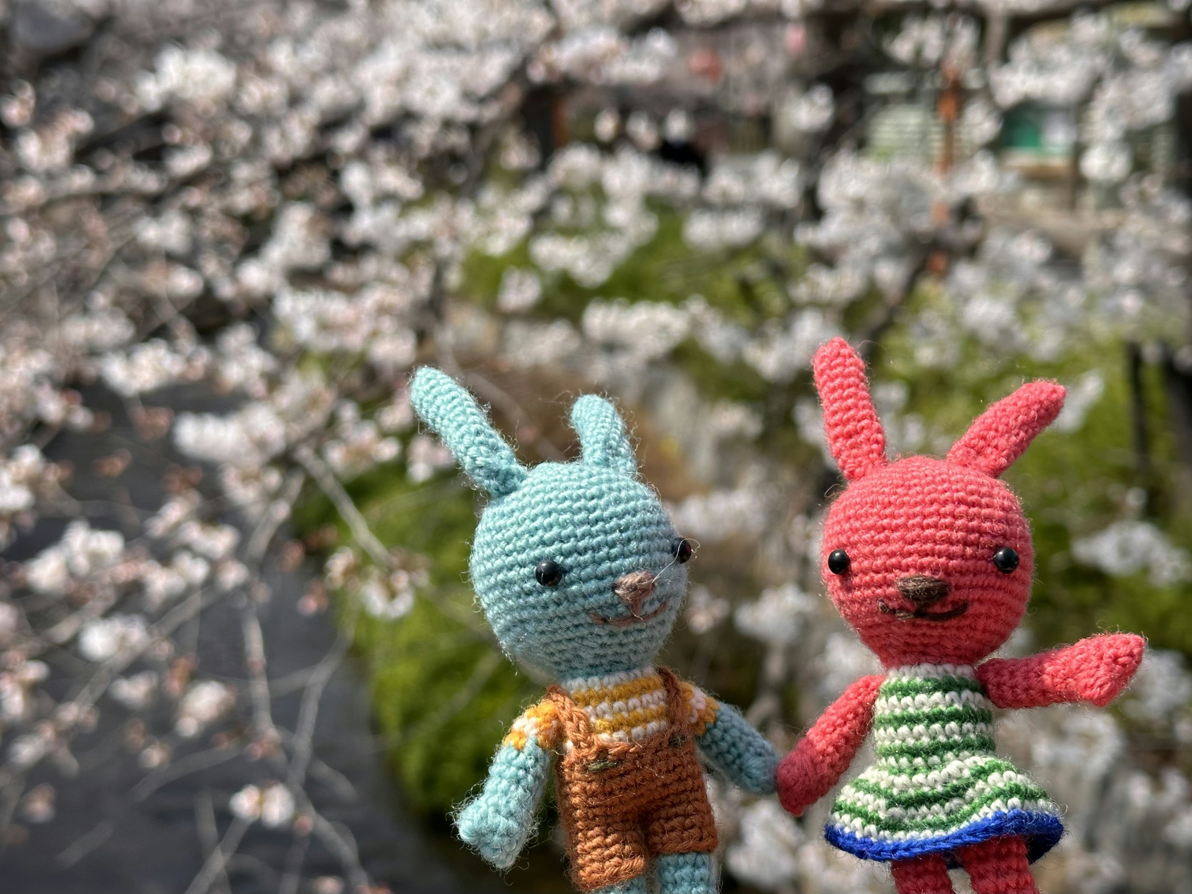 Lapin bleu au crochet et lapin rouge devant des cerisiers en fleurs