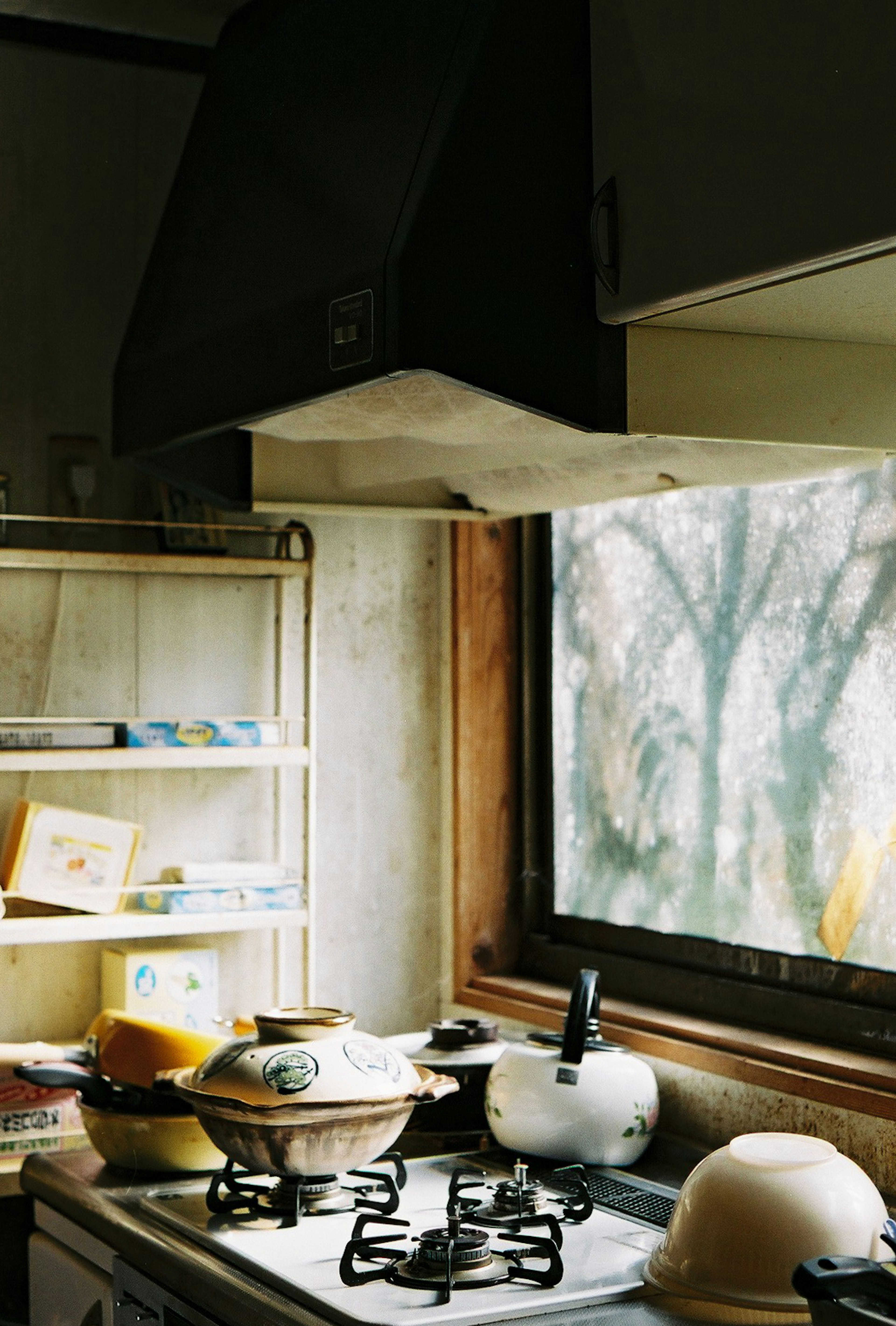 Cozy kitchen with natural light coming through the window and a cluttered countertop