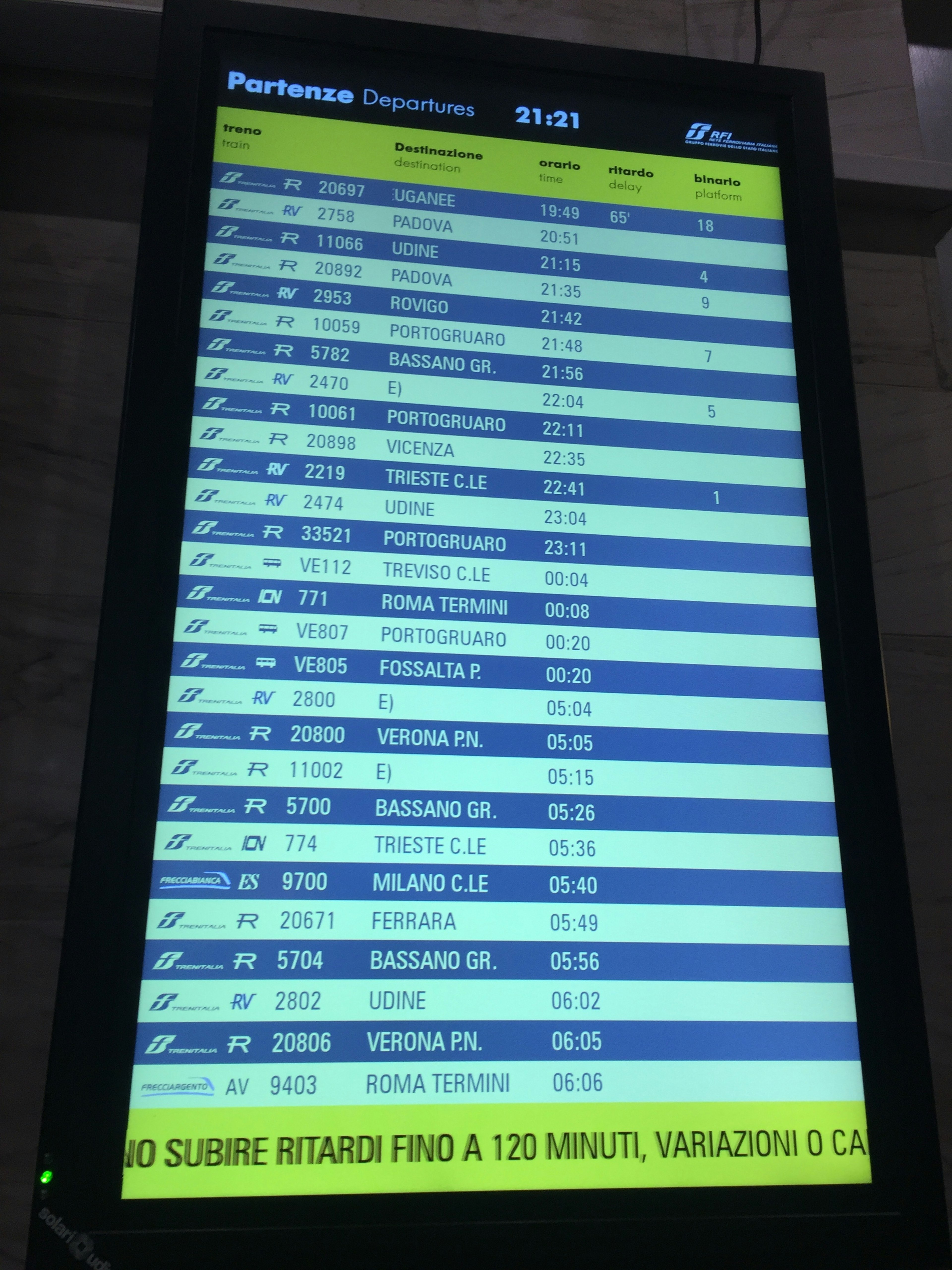 Tabellone digitale delle partenze che mostra informazioni di viaggio con colori blu e giallo che indicano orari e destinazioni