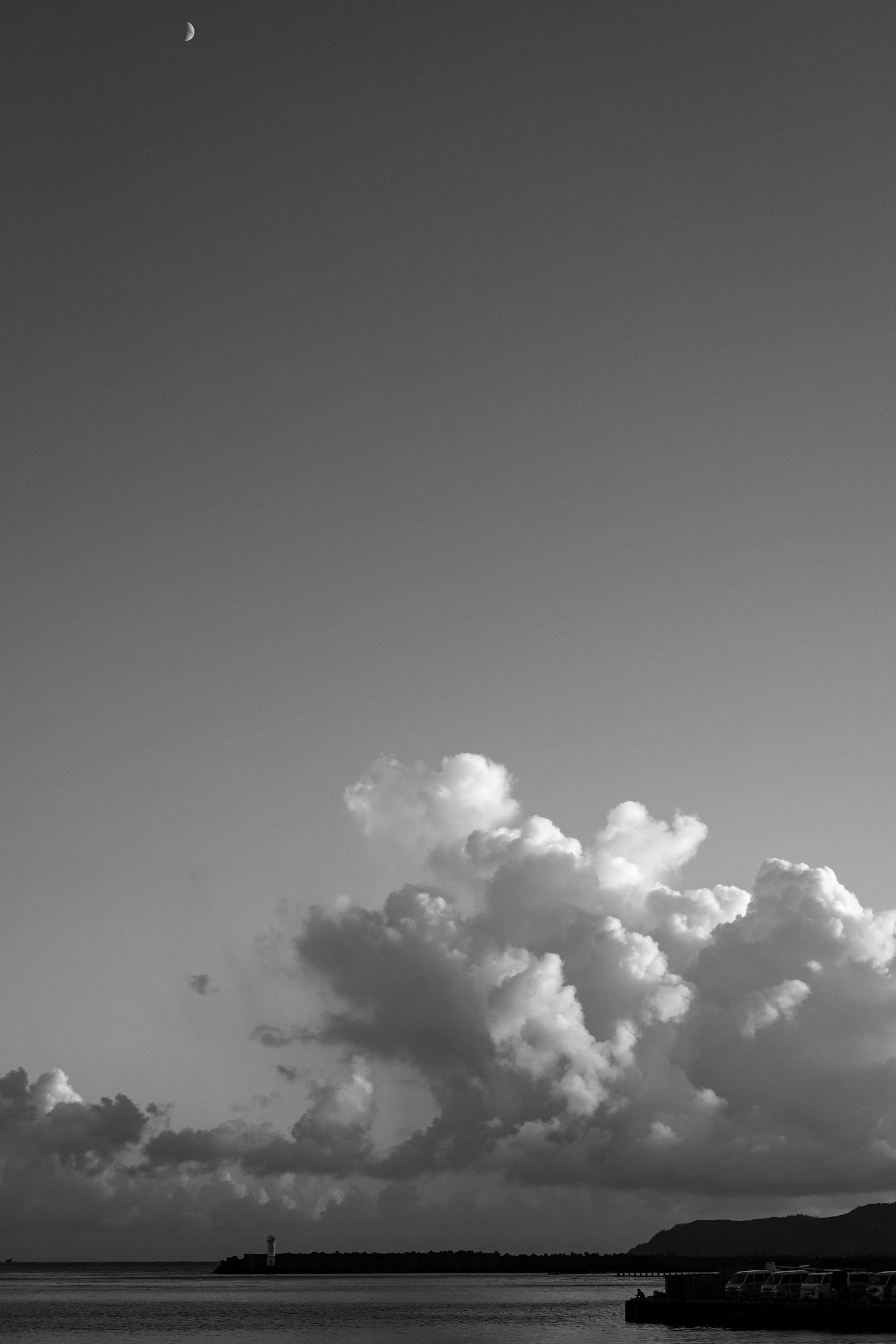 Paysage en noir et blanc avec de grands nuages et une surface d'eau calme