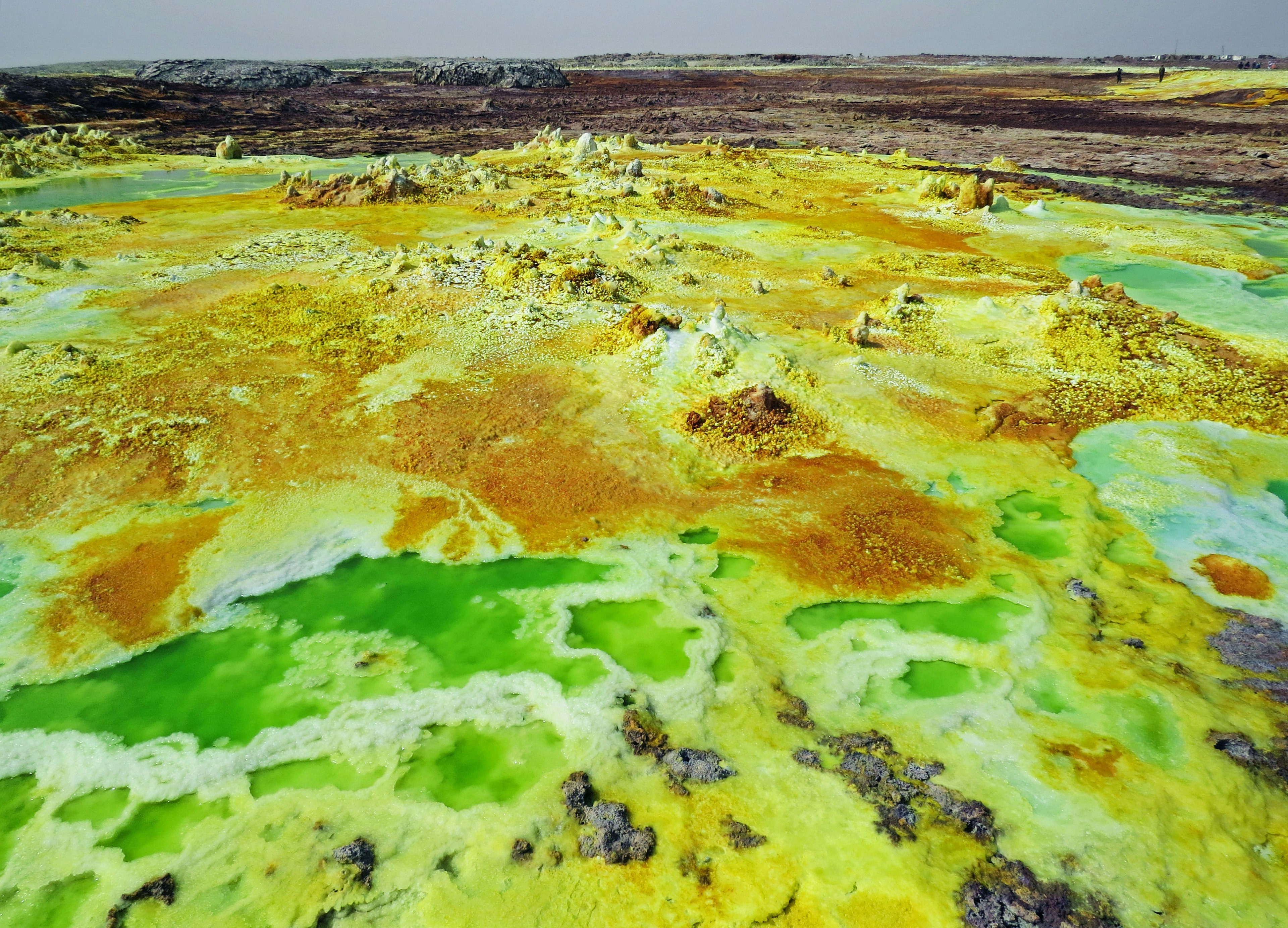 Vibrant yellow and green landscape with unique geological formations