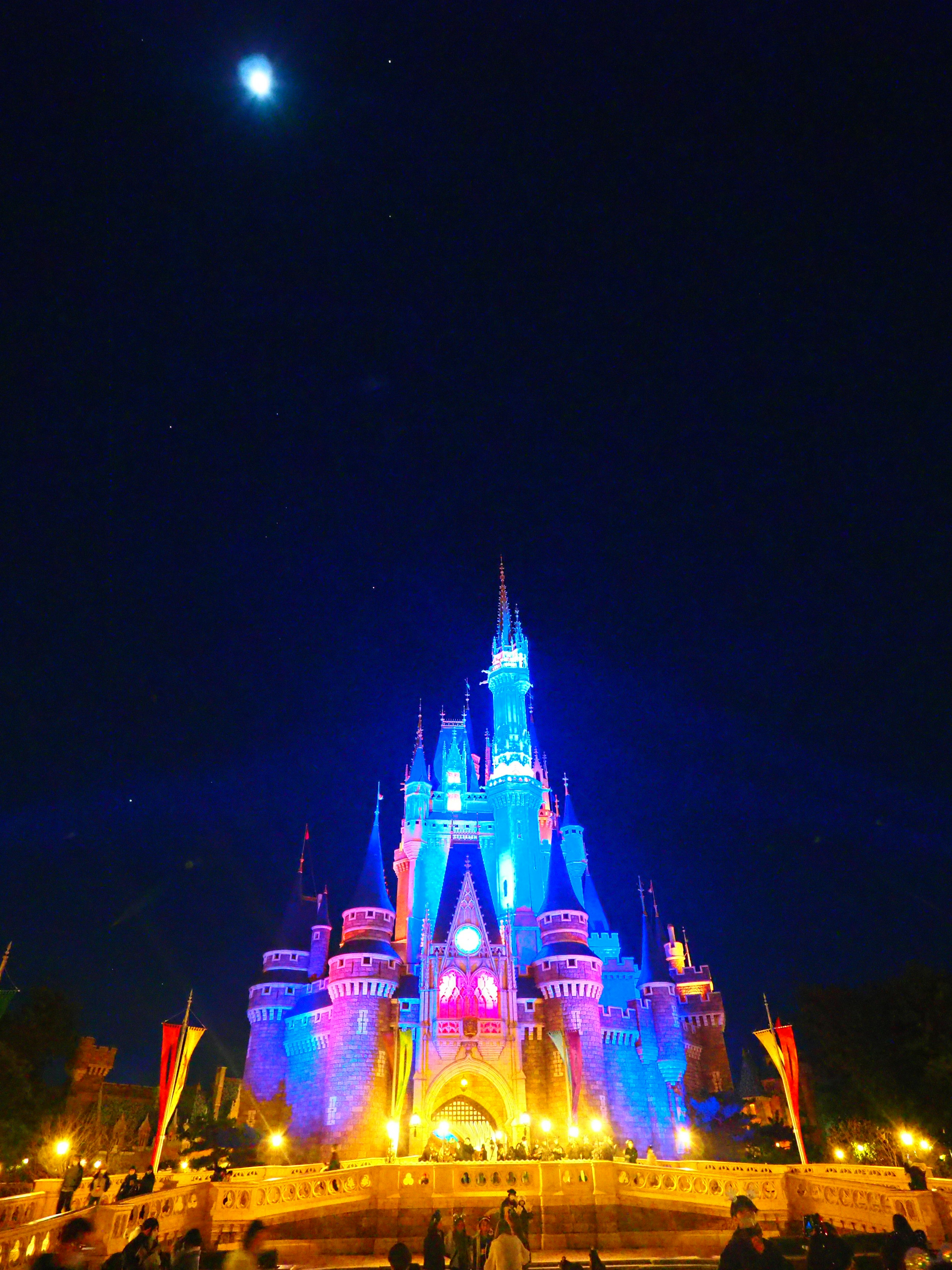 Disney castle illuminated in blue and purple lights at night