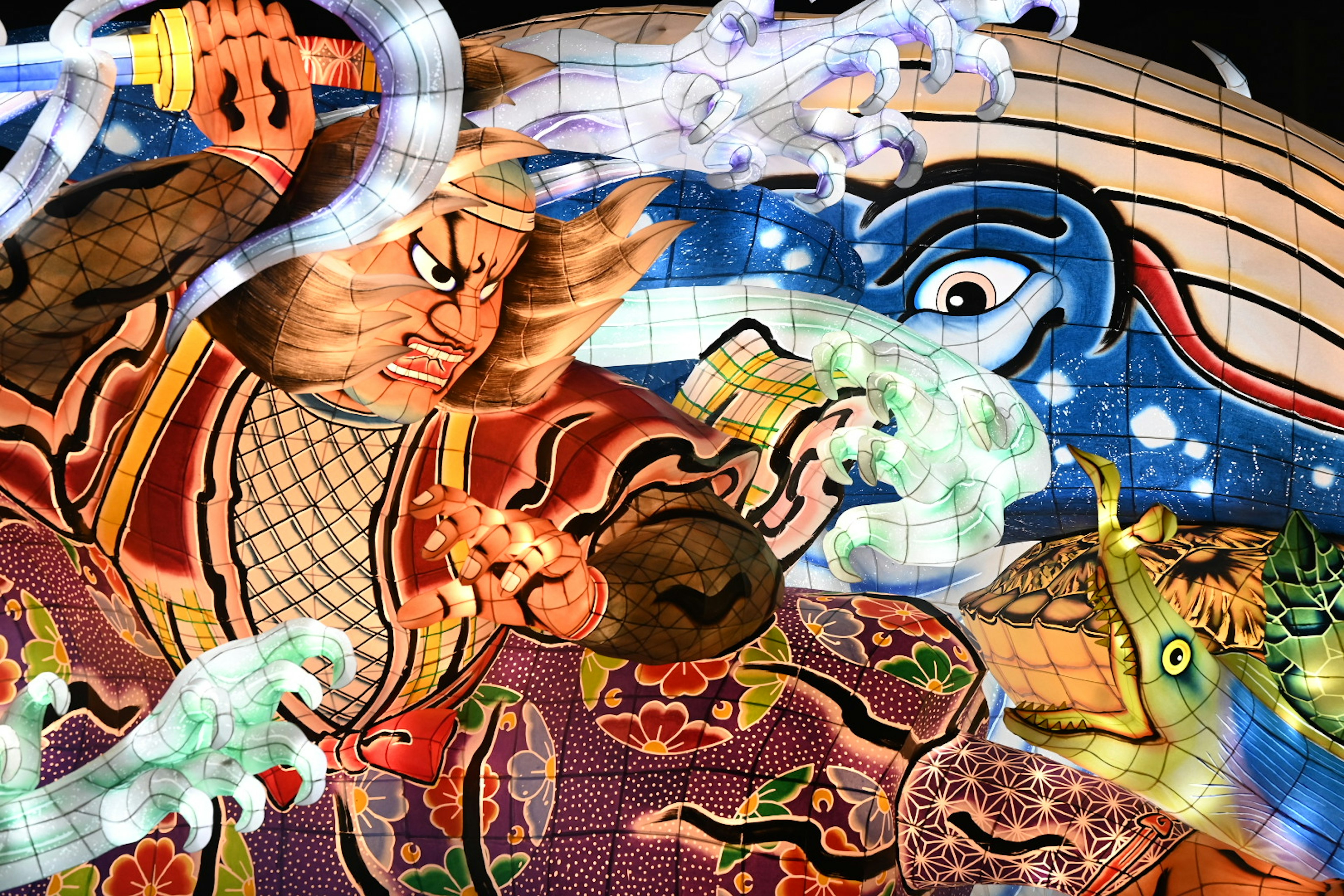 Dynamic scene of a warrior battling, vibrant background featuring sea creatures