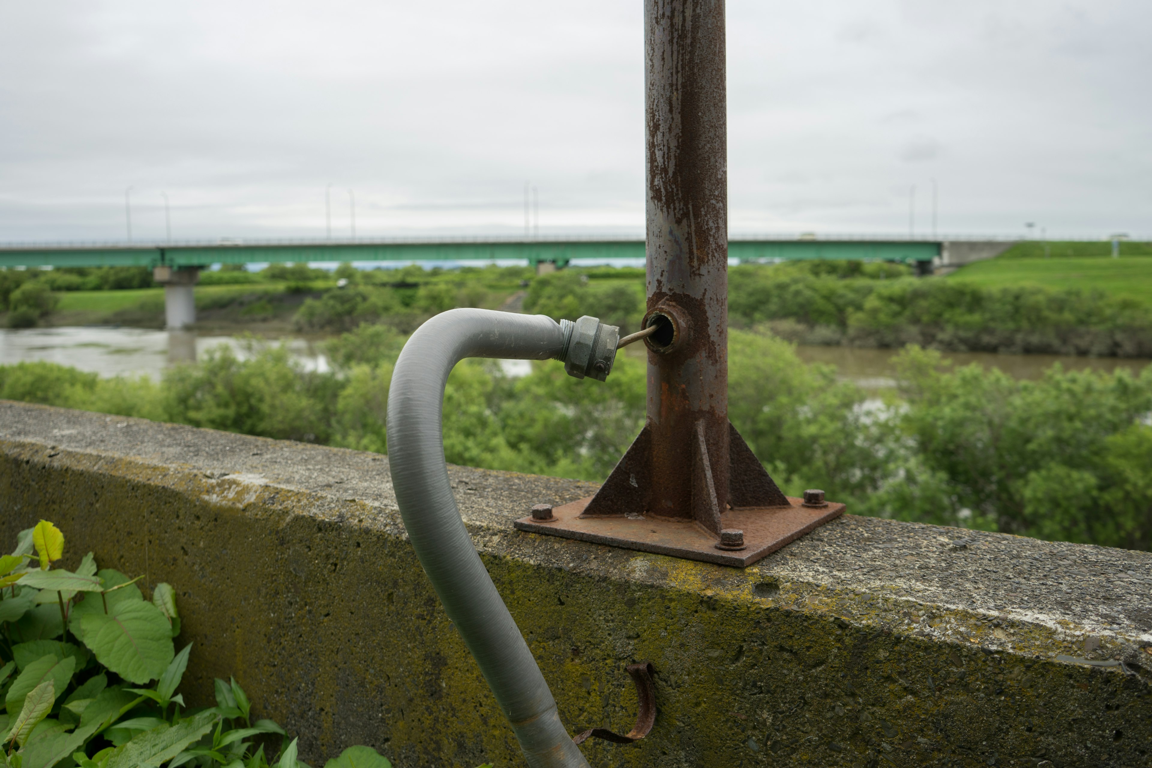 Rostige Metallröhre, die an einer Betonwand befestigt ist, mit grünem Gras und einem Fluss im Hintergrund