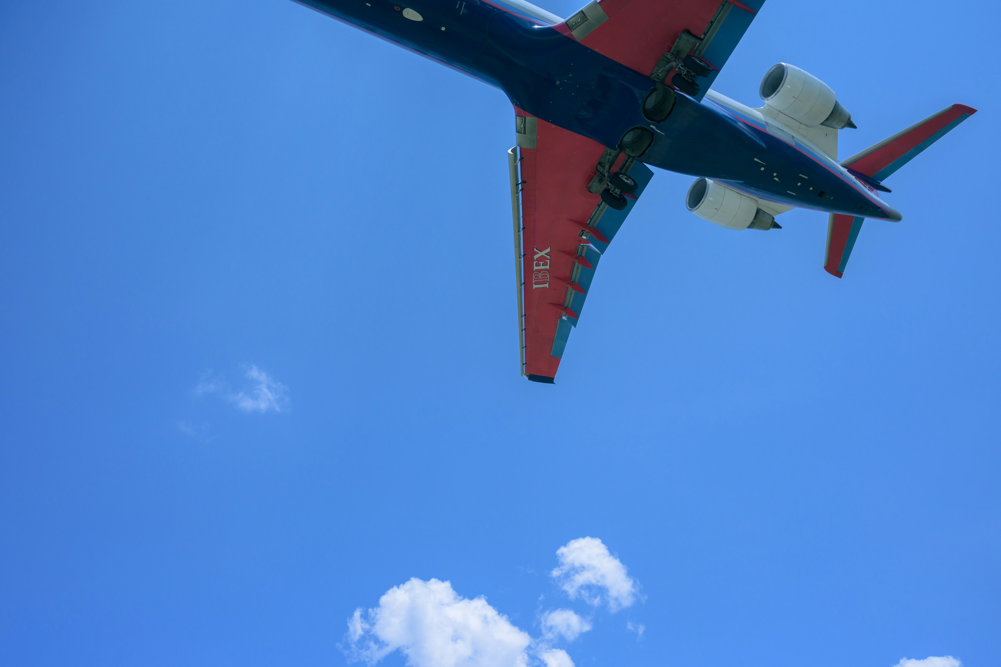 青空を背景に飛行する赤と青の飛行機