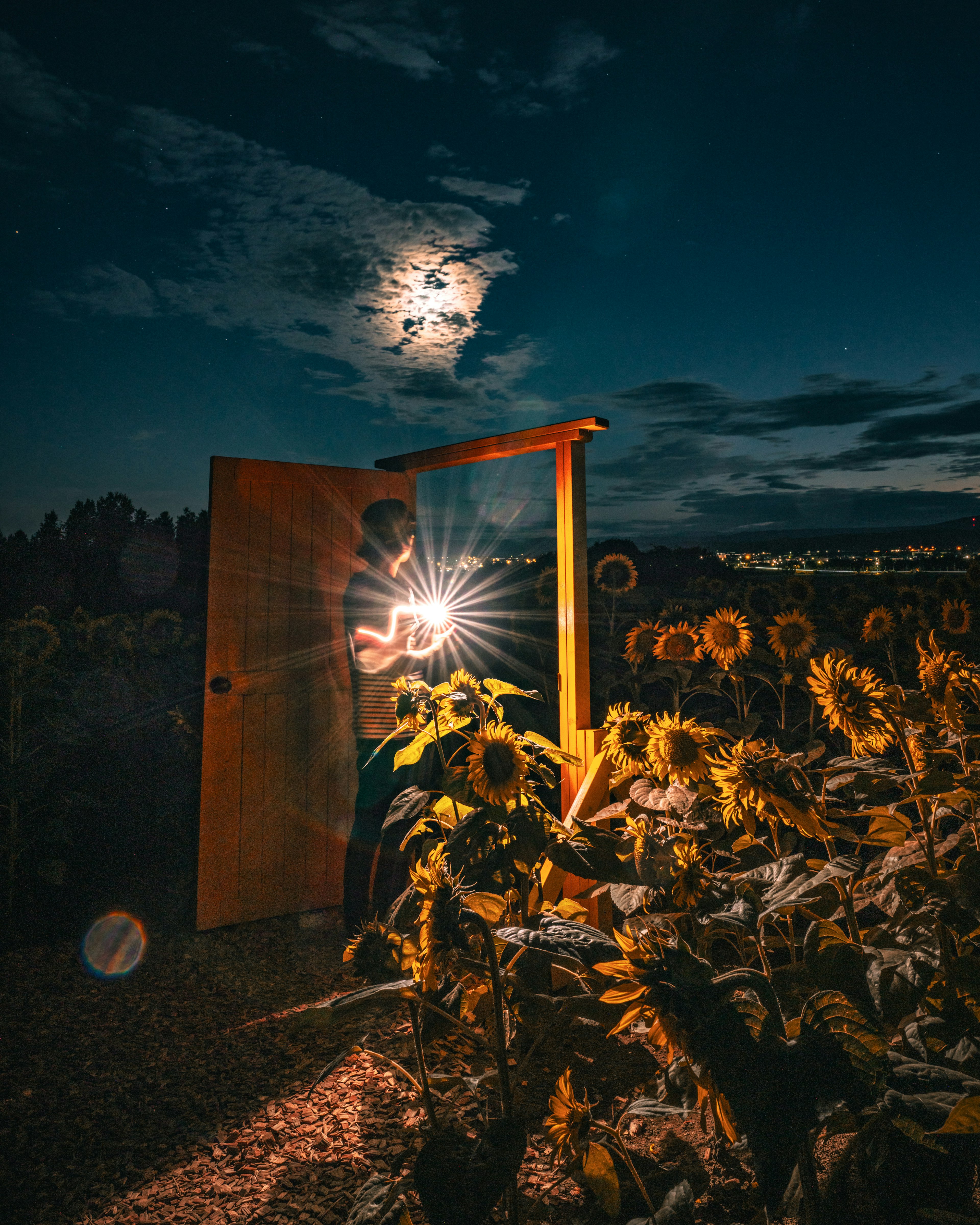 Une personne se tenant dans un champ de tournesols la nuit avec une porte et la lumière de la lune