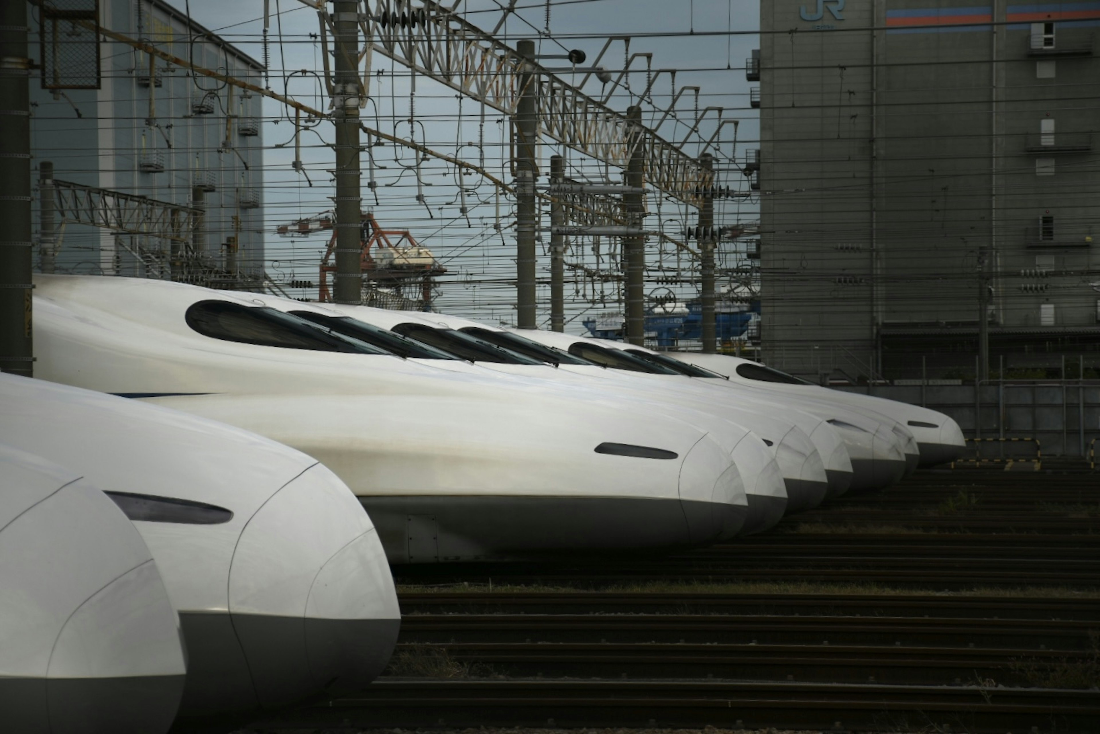 Più treni Shinkansen allineati sui binari con edifici circostanti visibili