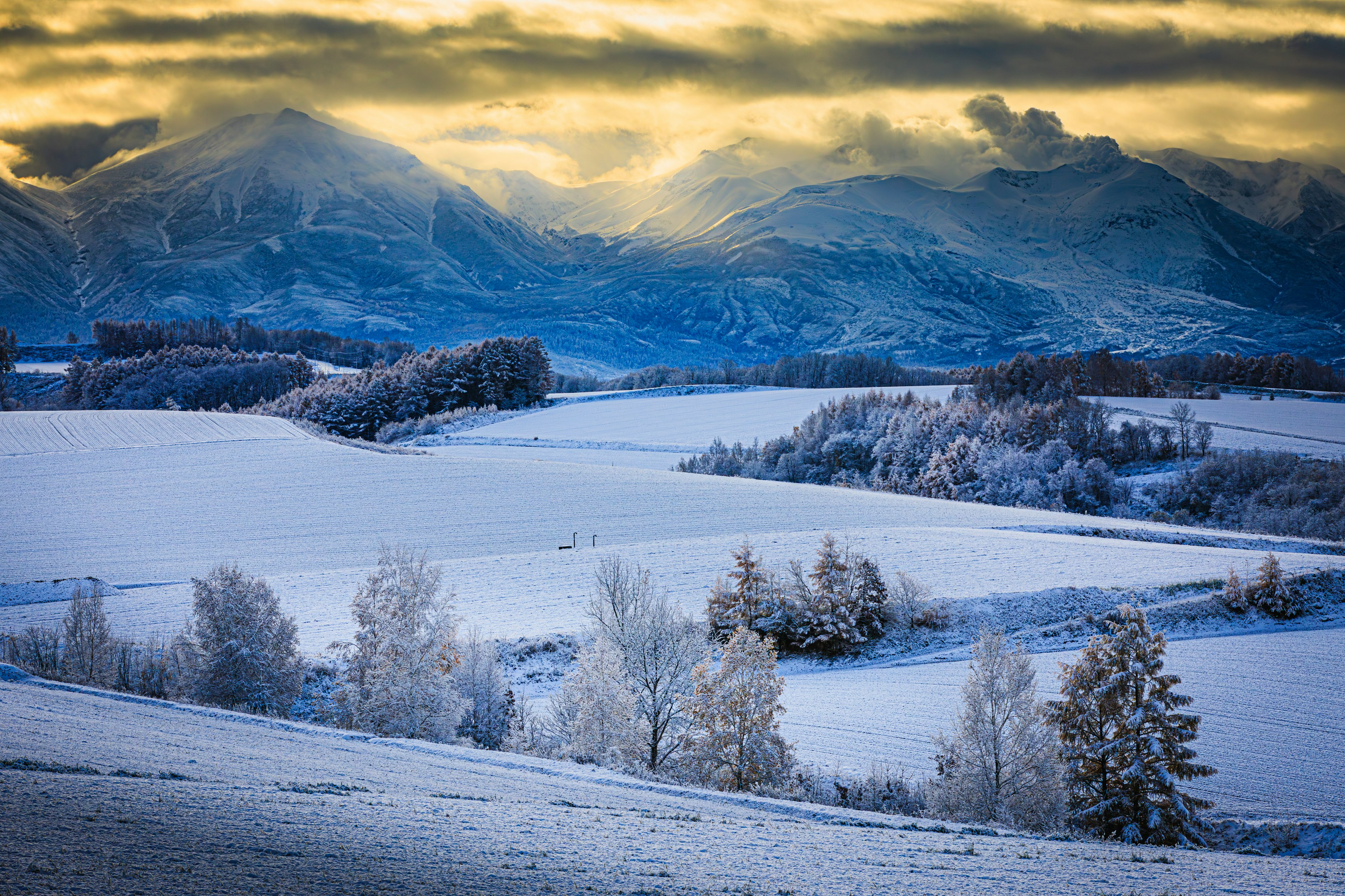 美しい雪に覆われた風景と山々の遠景