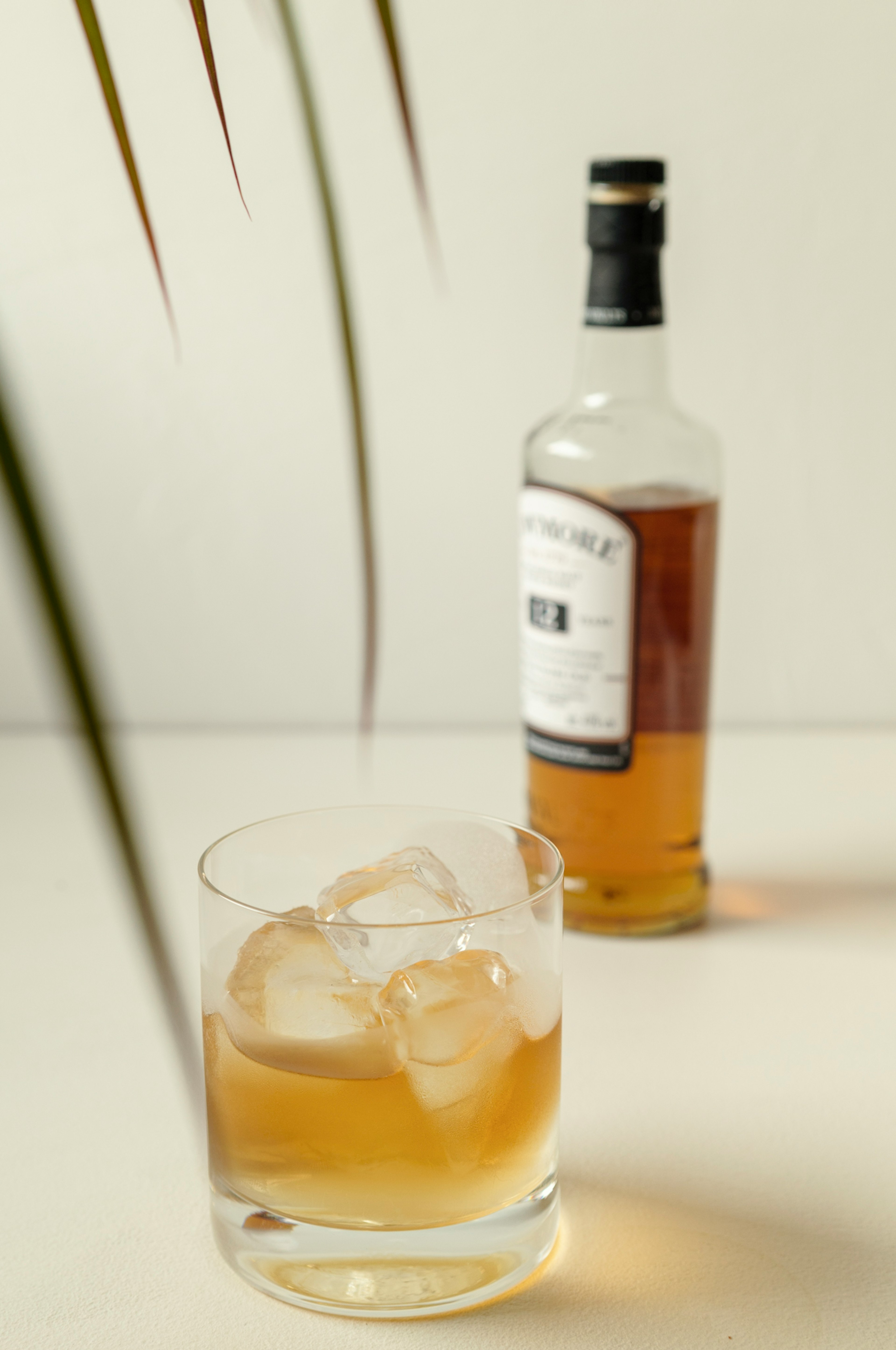 A cocktail glass with ice and a bottle in the background showcasing a simple drink