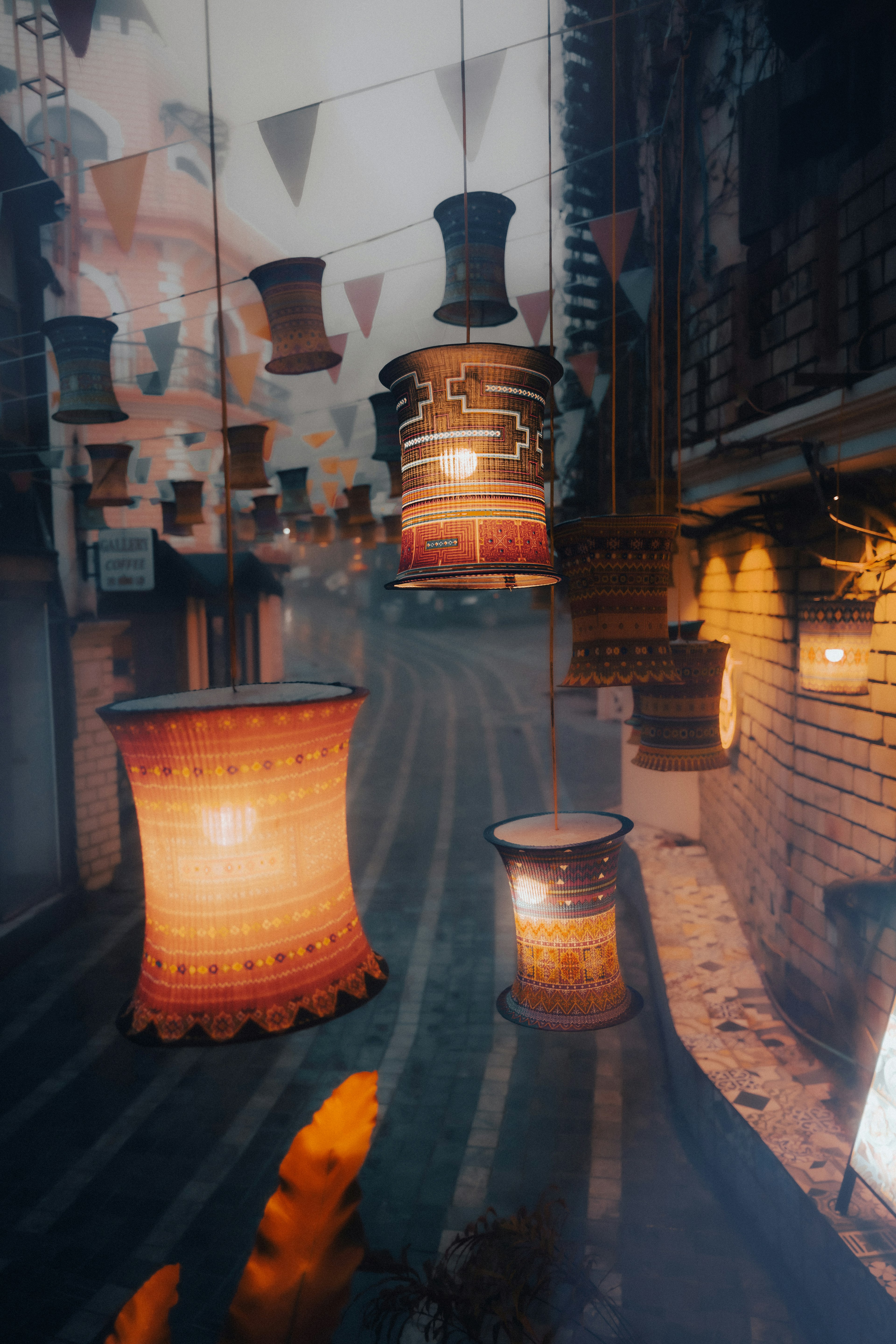 Charming alleyway adorned with hanging decorative lanterns