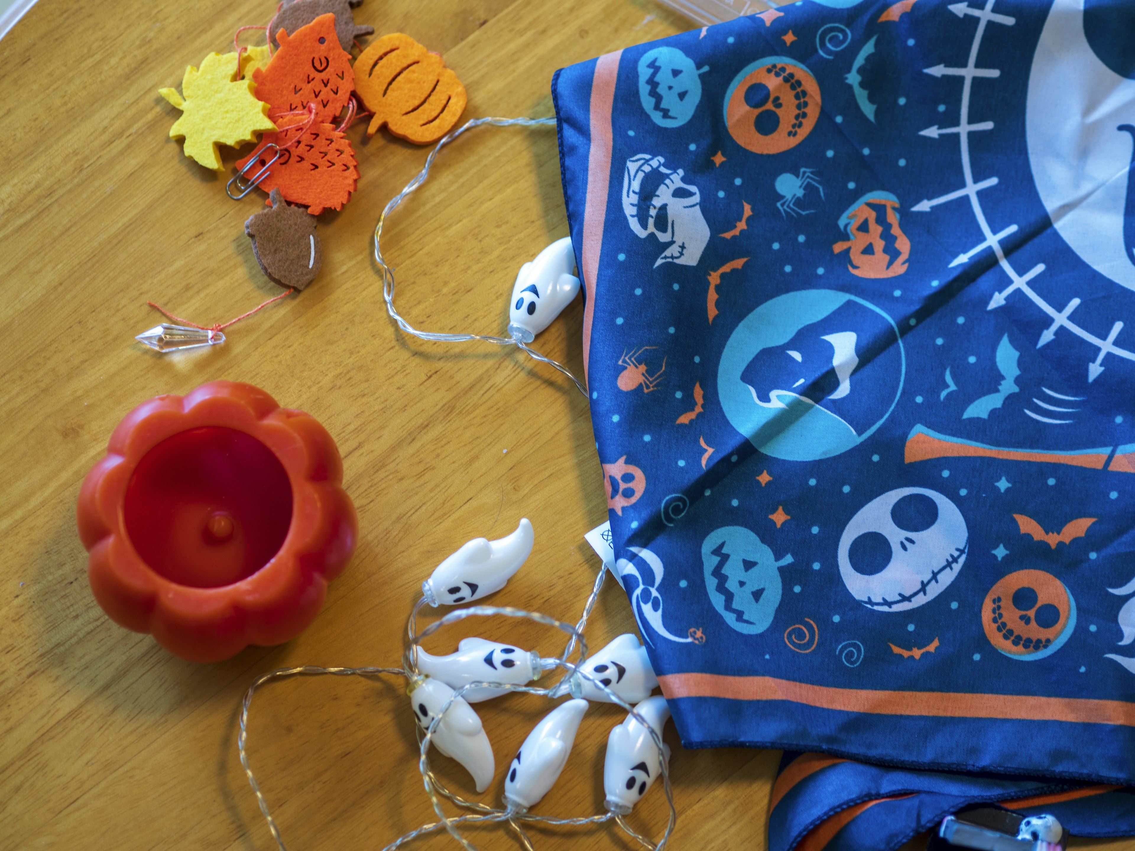 Halloween decorations with a Jack-o'-lantern themed fabric