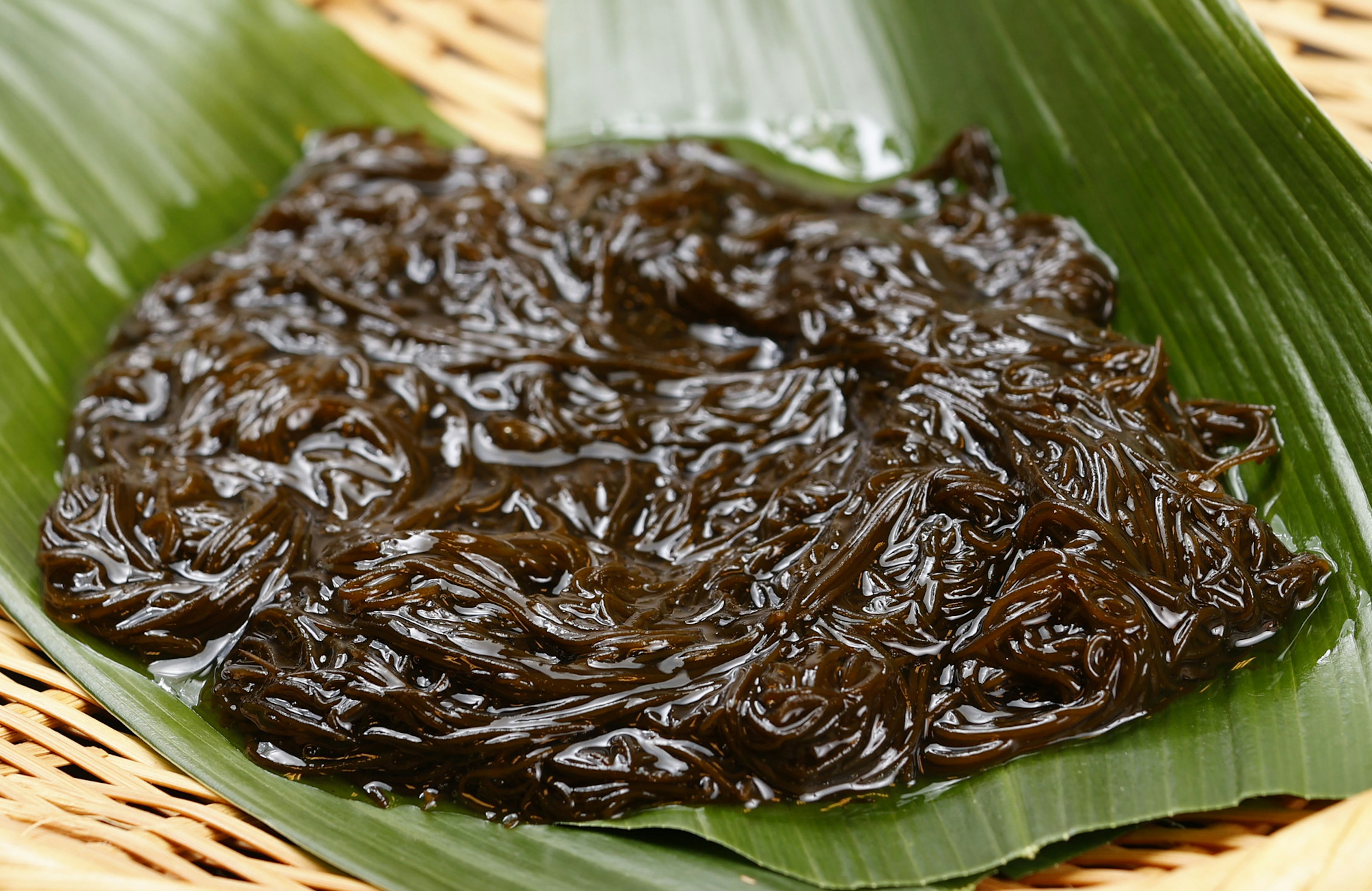 Glossy seaweed spread on a leaf