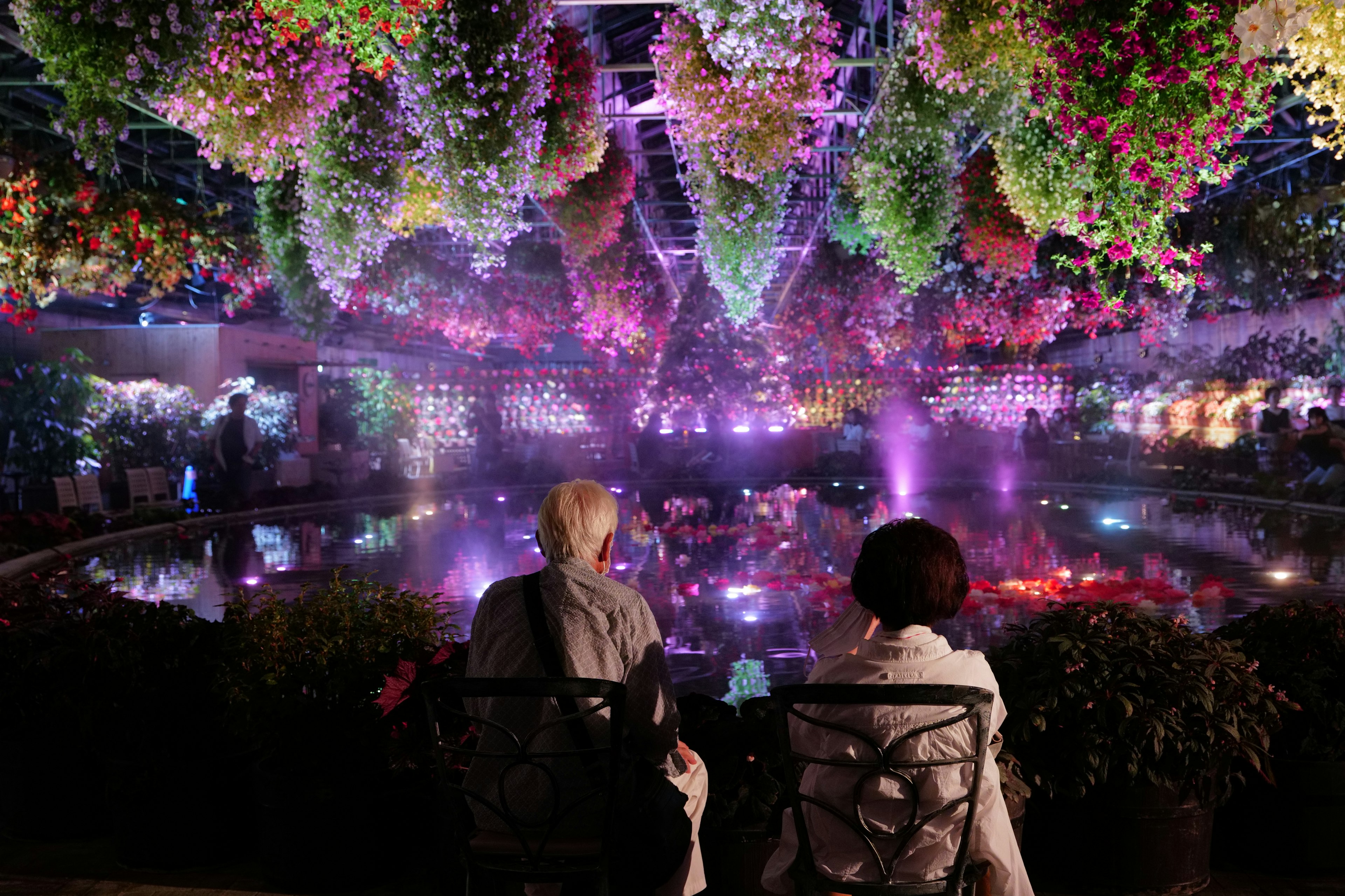 Zwei Personen genießen einen magischen Gartenblick mit hängenden Blumen und bunten Lichtern