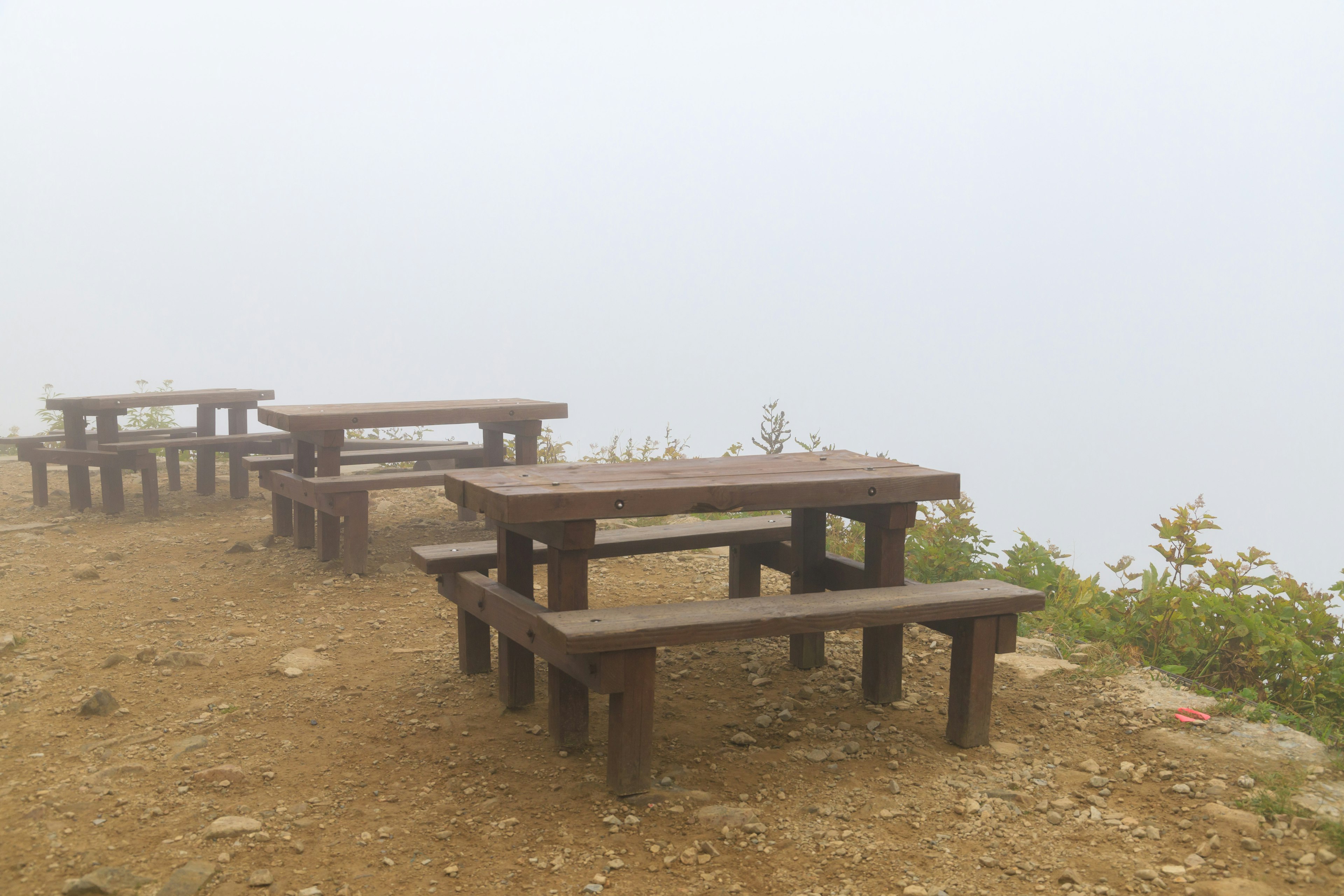 Tables et bancs en bois dans un environnement brumeux