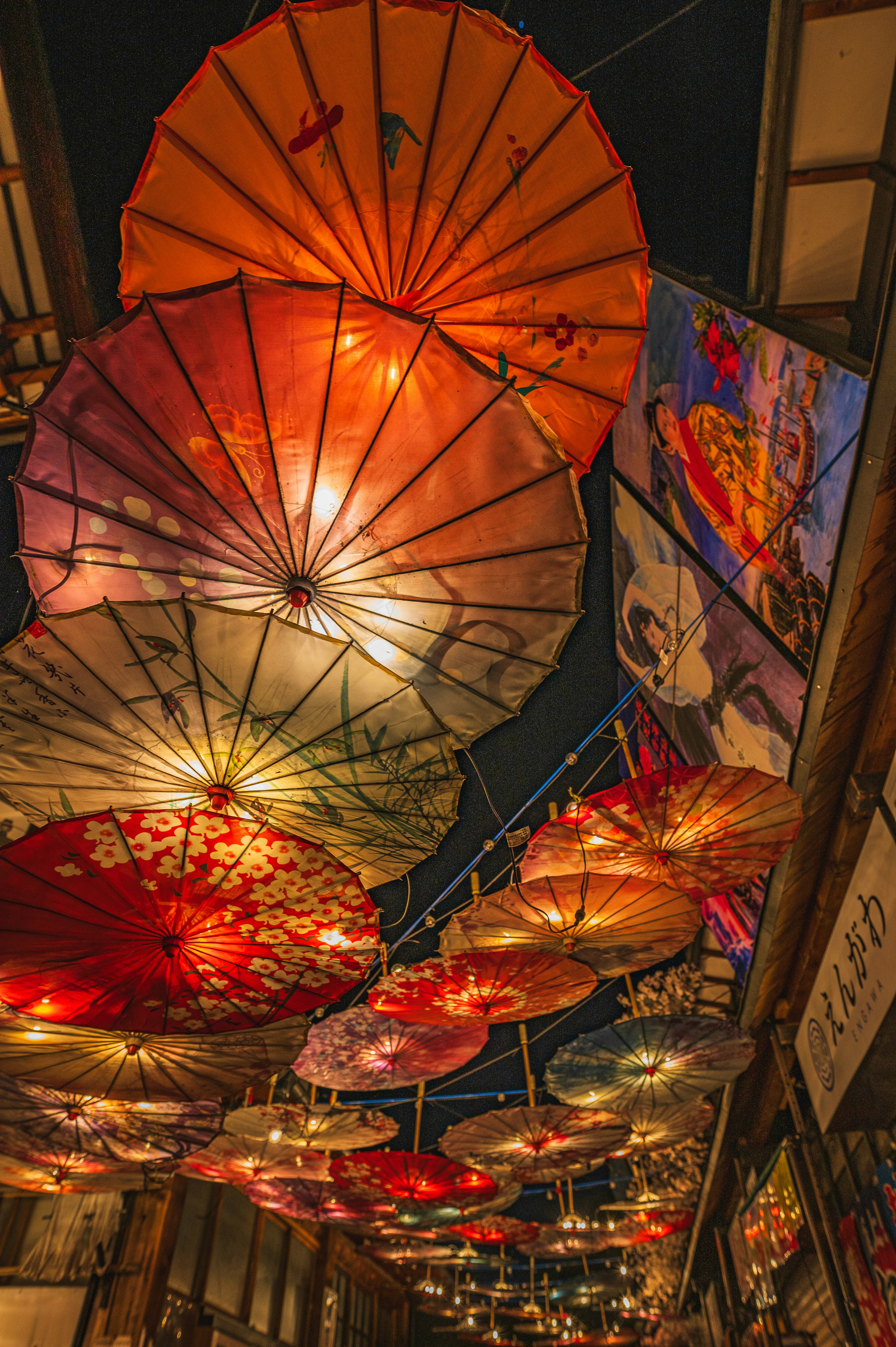 Hermosa exhibición de paraguas tradicionales en un cielo nocturno