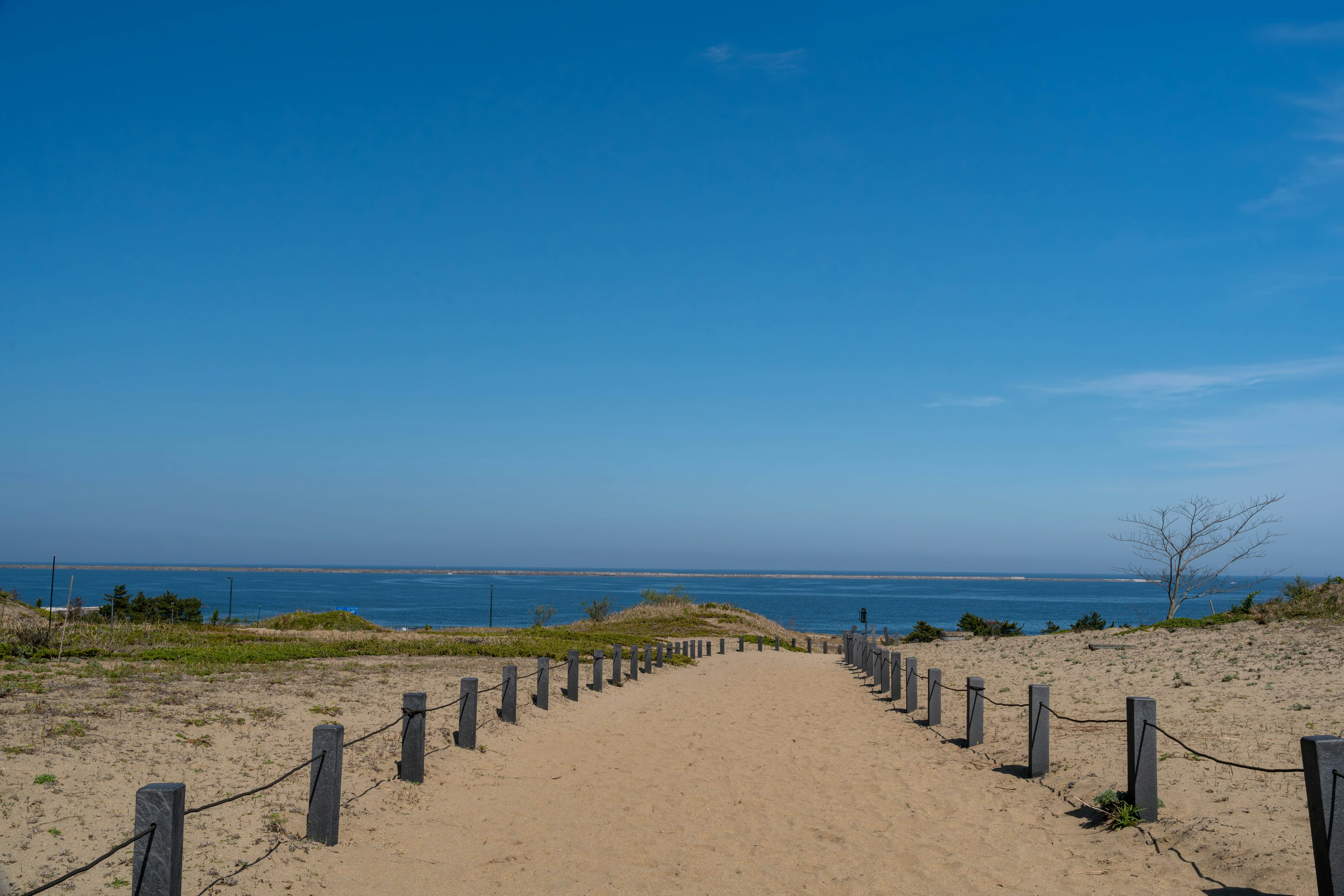 A sandy path leading towards the blue sky and ocean