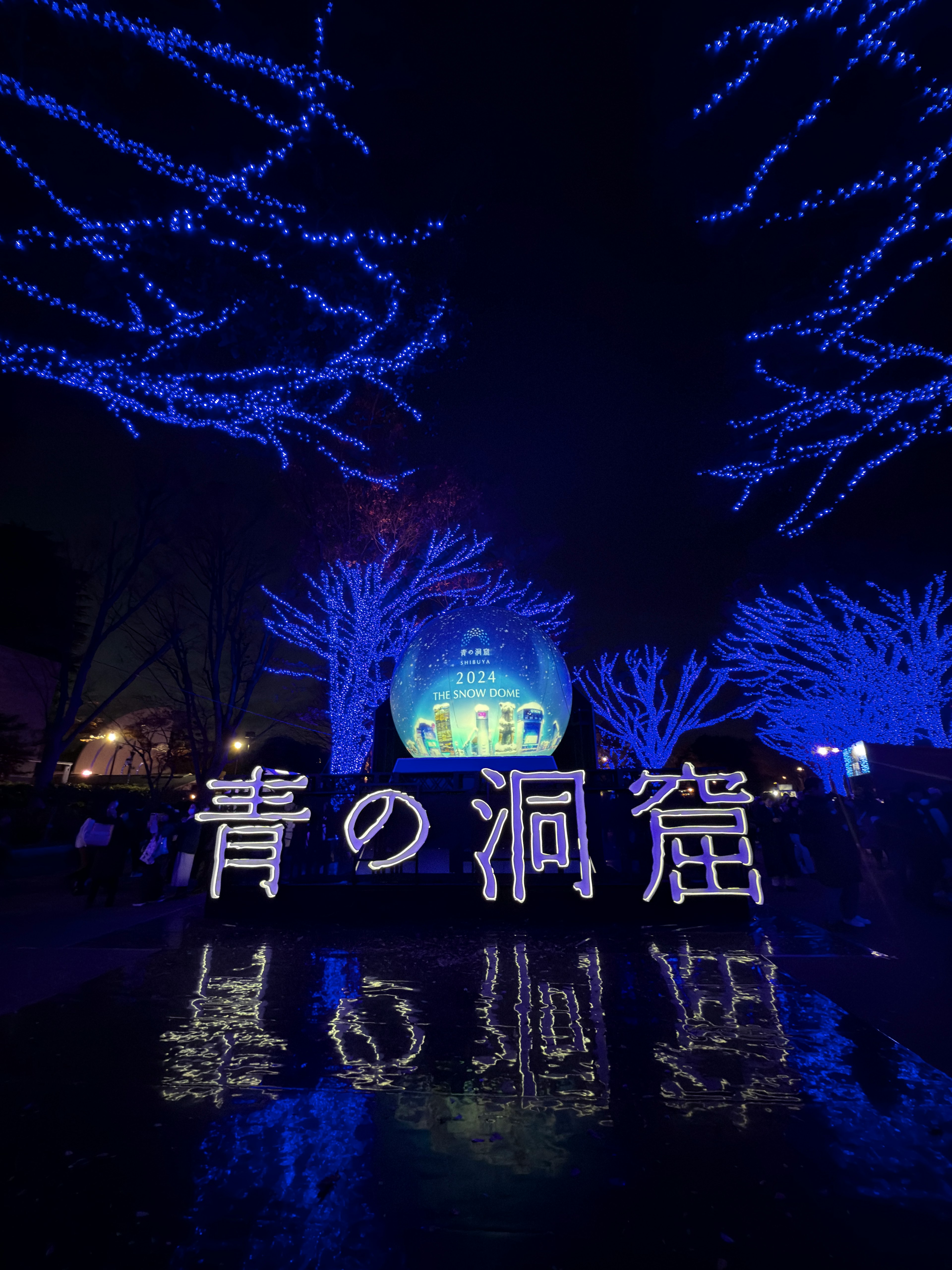 Pemandangan iluminasi bertema Aono Dōkutsu lampu biru bersinar di langit malam dengan teks reflektif